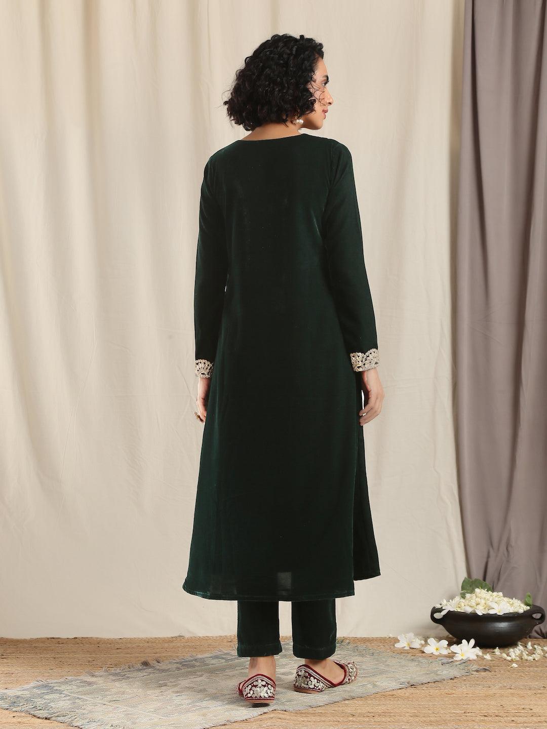 trueBrowns Green Velvet Flared Gota Kurta