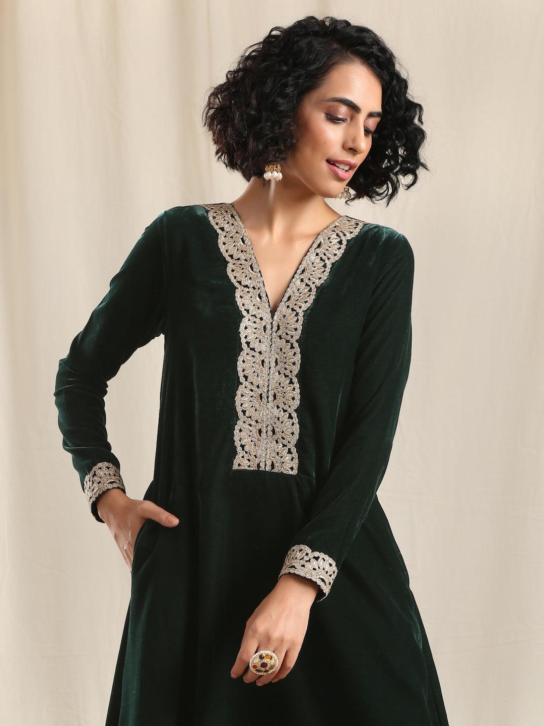 trueBrowns Green Velvet Flared Gota Kurta