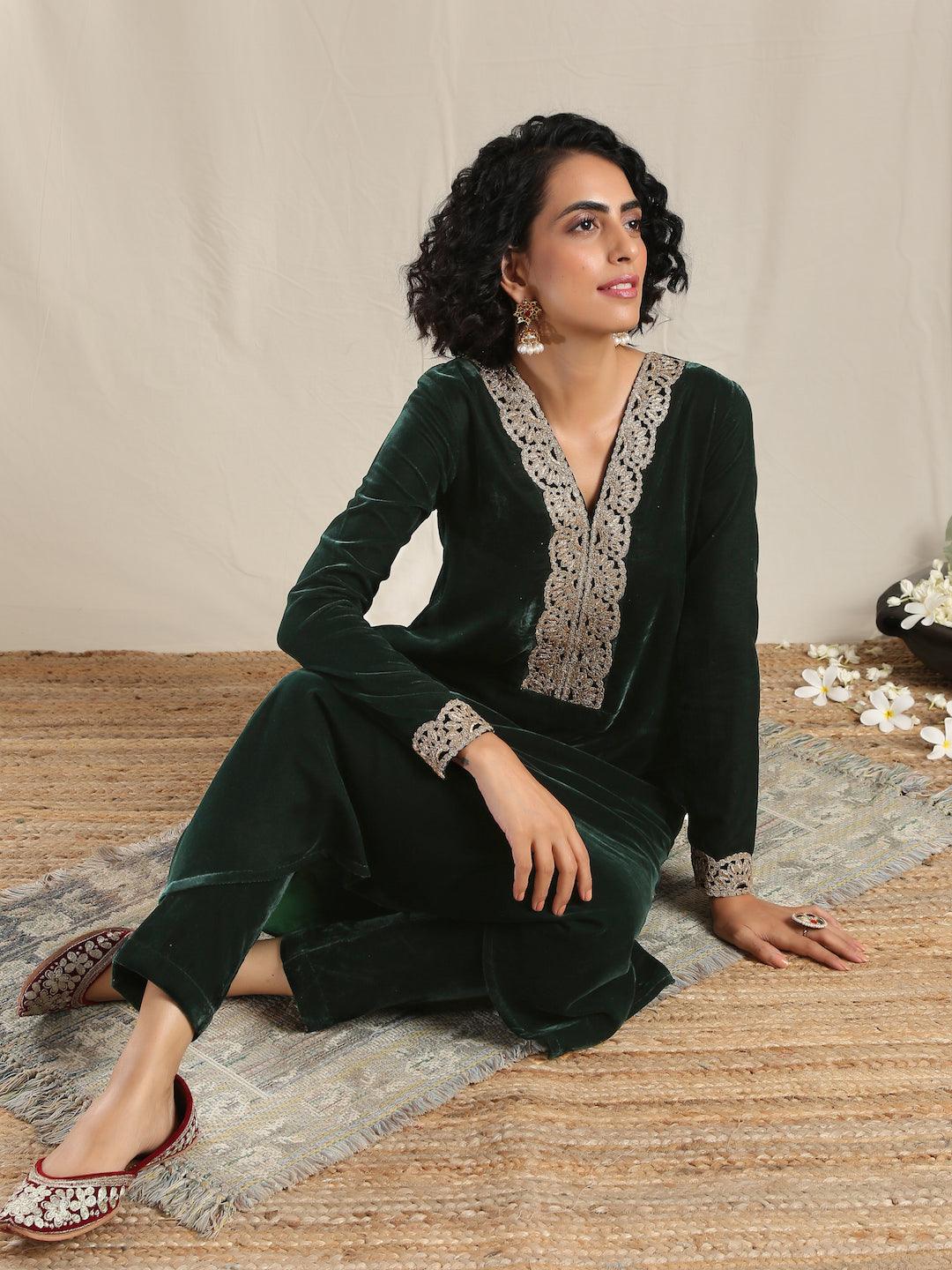 trueBrowns Green Velvet Flared Gota Kurta