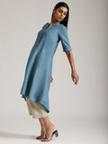 trueBrowns Cotton Linen Steel Blue Kurta Pant Set