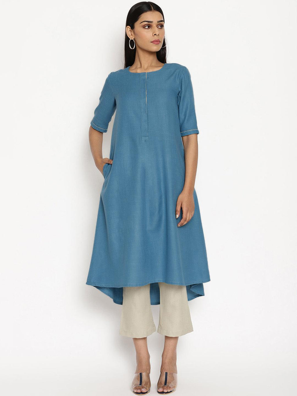 trueBrowns Cotton Linen Steel Blue Kurta Pant Set