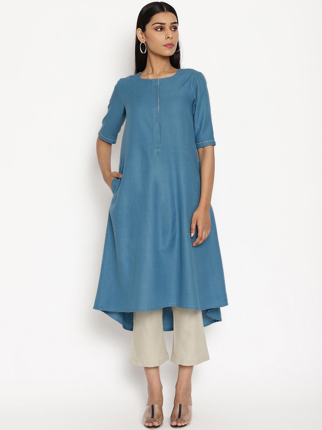 trueBrowns Cotton Linen Steel Blue Kurta Pant Set