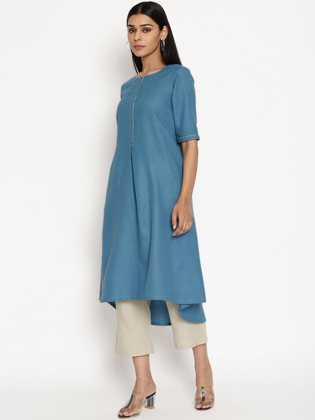 trueBrowns Cotton Linen Steel Blue Kurta Pant Set