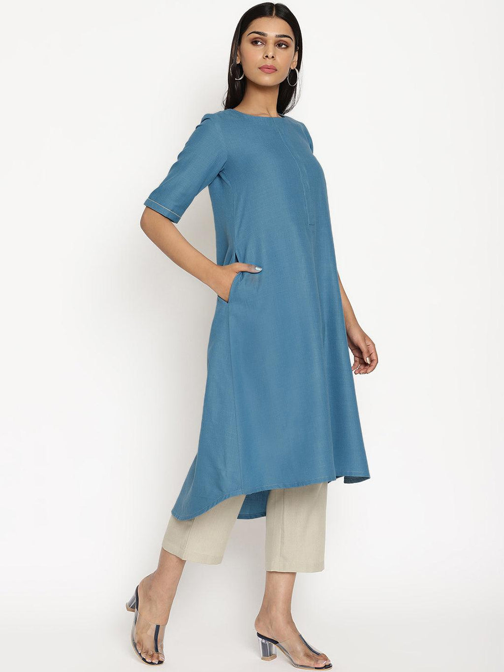 trueBrowns Cotton Linen Steel Blue Kurta Pant Set