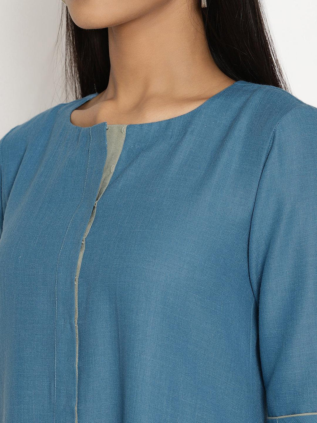 trueBrowns Cotton Linen Steel Blue Kurta Pant Set