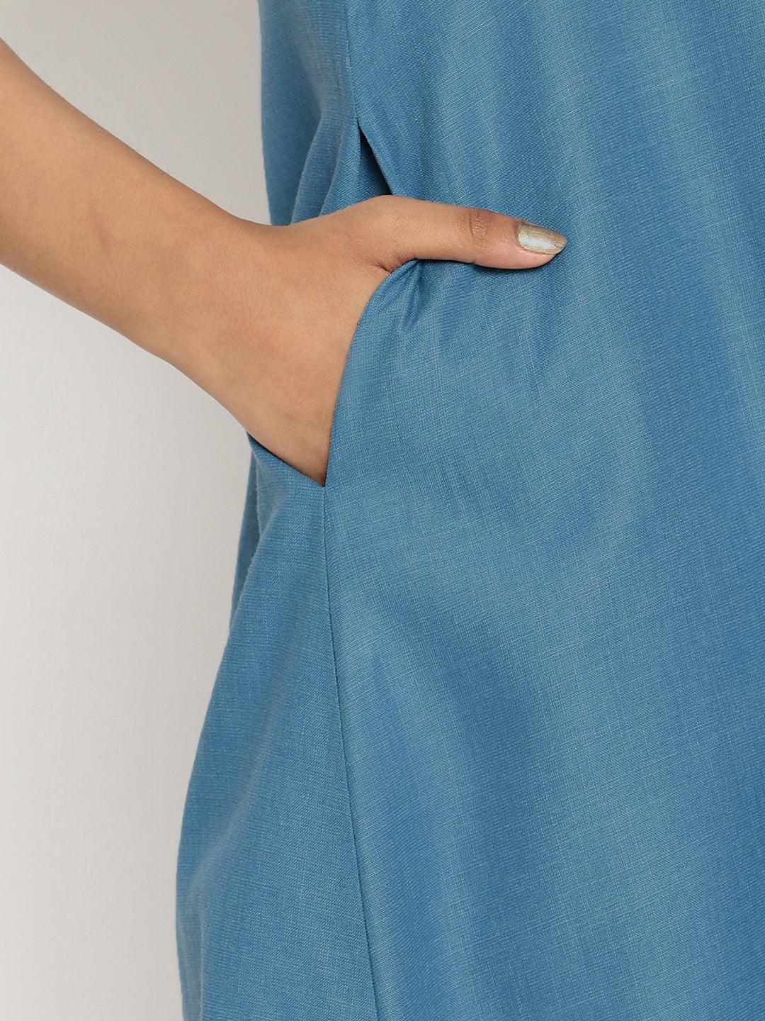 trueBrowns Cotton Linen Steel Blue Kurta Pant Set
