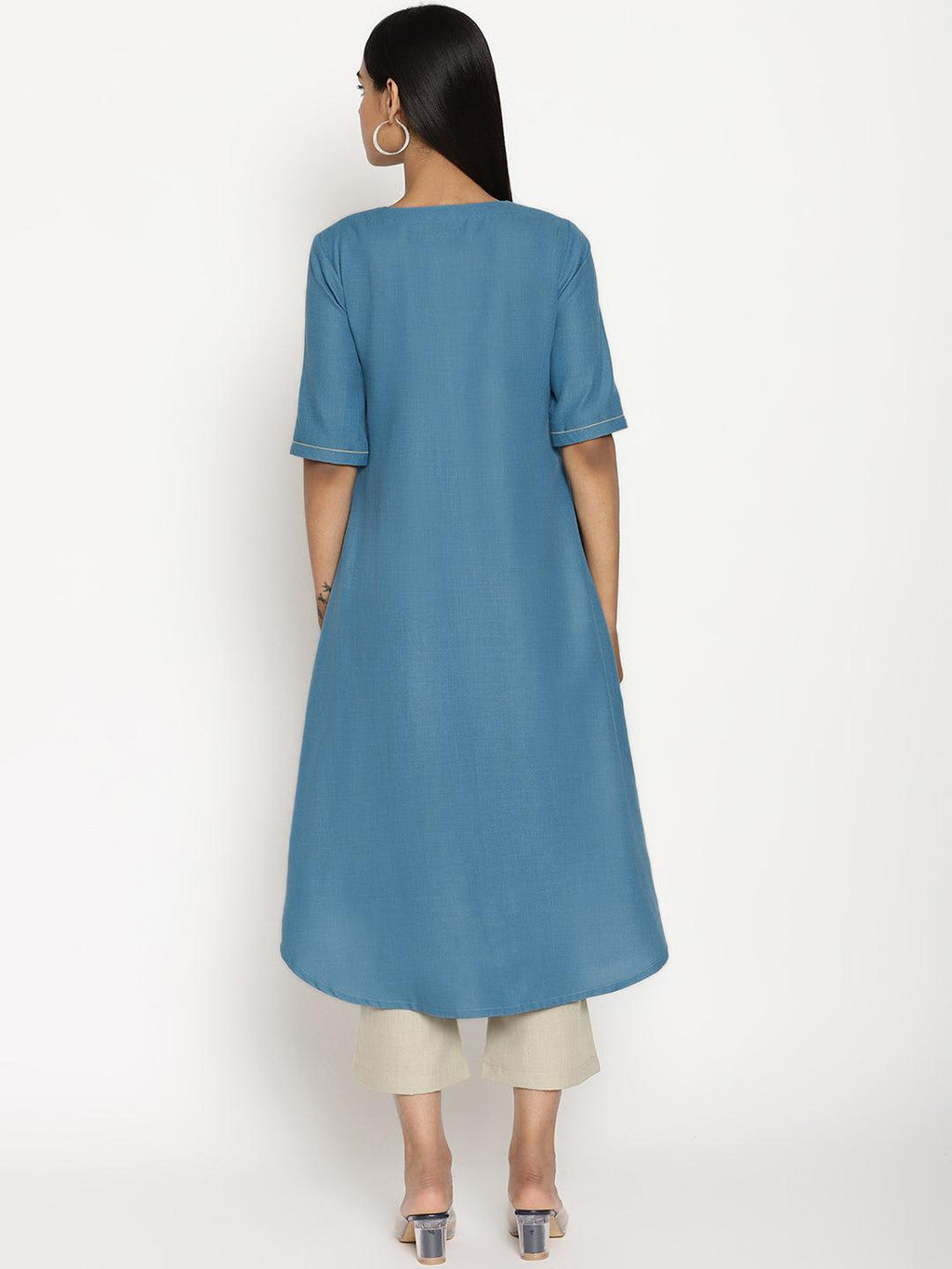 trueBrowns Cotton Linen Steel Blue Kurta Pant Set