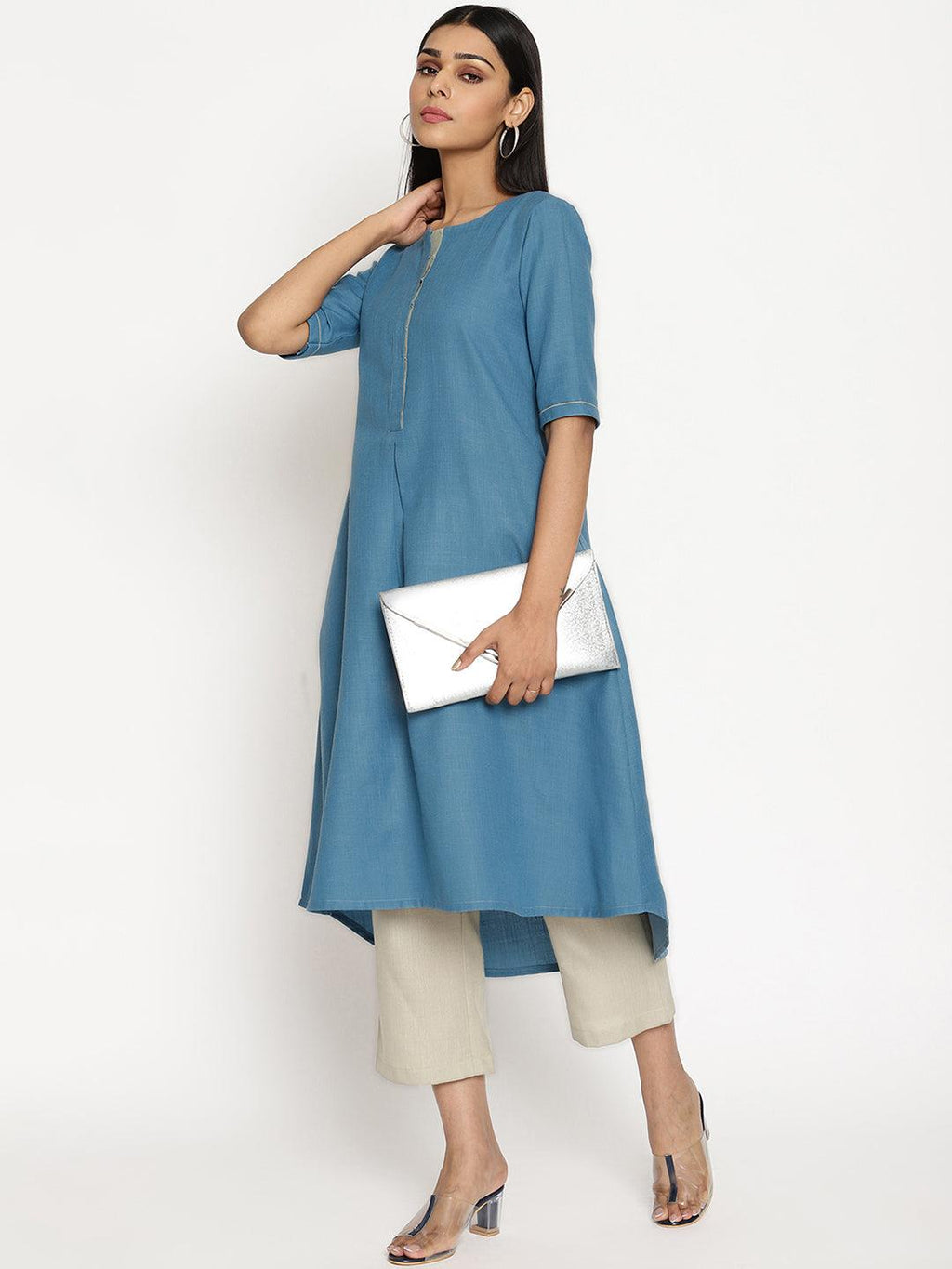 trueBrowns Cotton Linen Steel Blue Kurta Pant Set