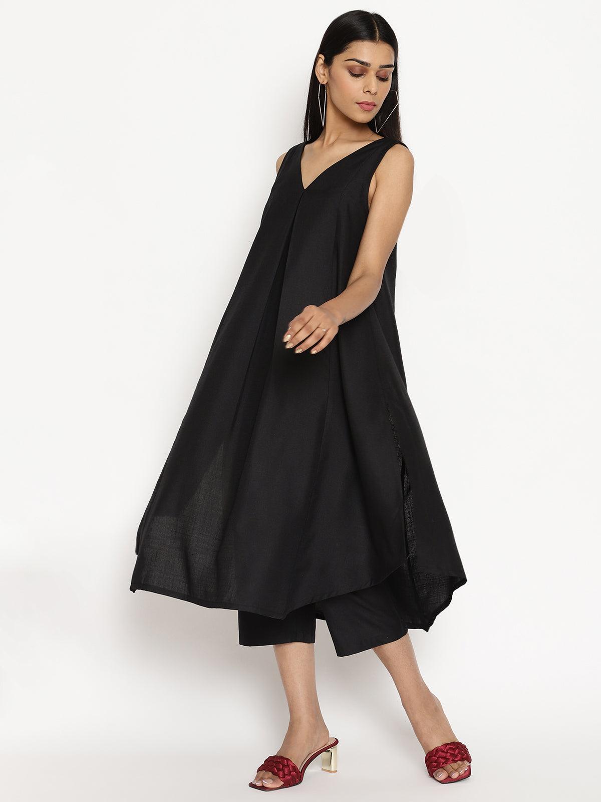 trueBrowns Cotton Linen Black Sleeveless Flared Kurta Pant