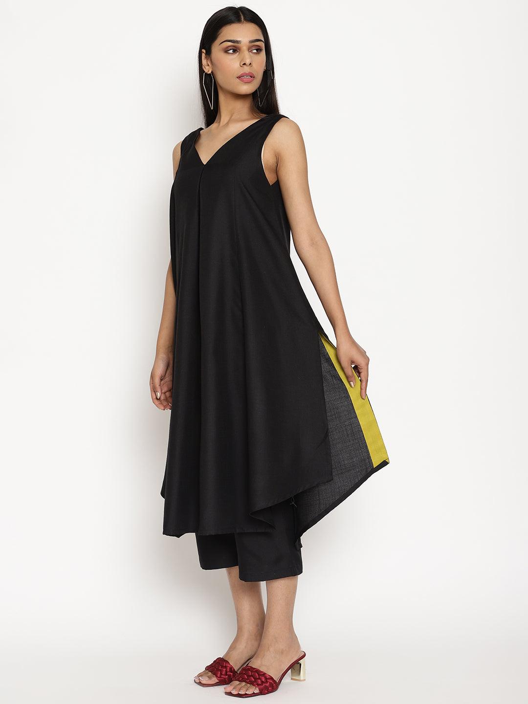 trueBrowns Cotton Linen Black Sleeveless Flared Kurta Pant