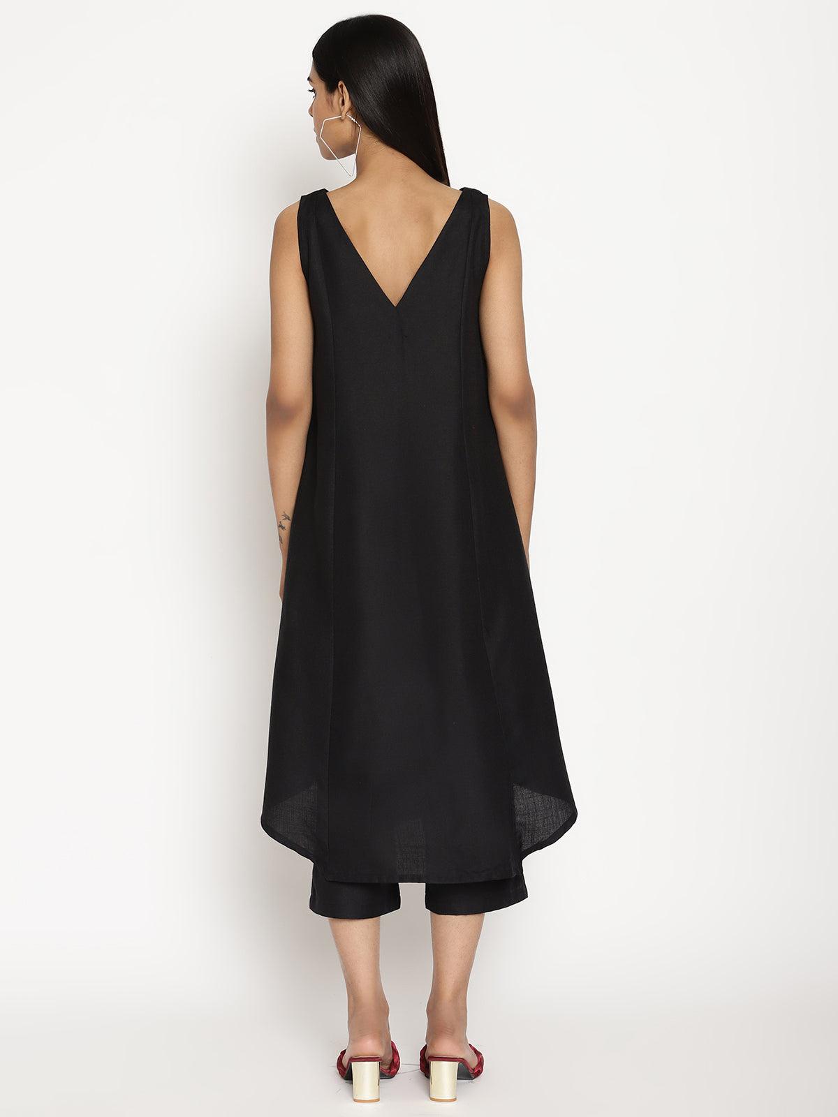 trueBrowns Cotton Linen Black Sleeveless Flared Kurta Pant | Relove