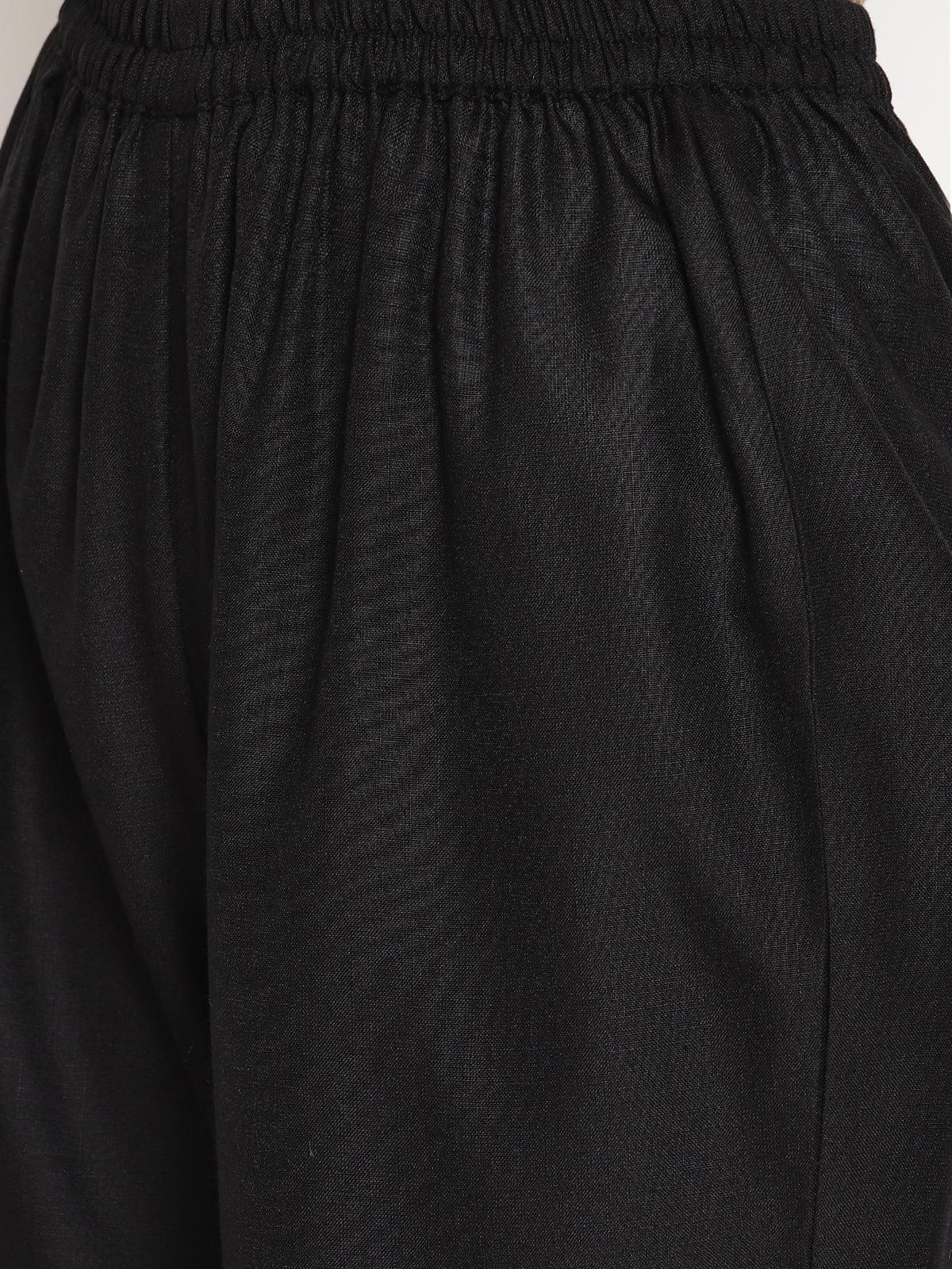 trueBrowns Cotton Linen Black Sleeveless Flared Kurta Pant