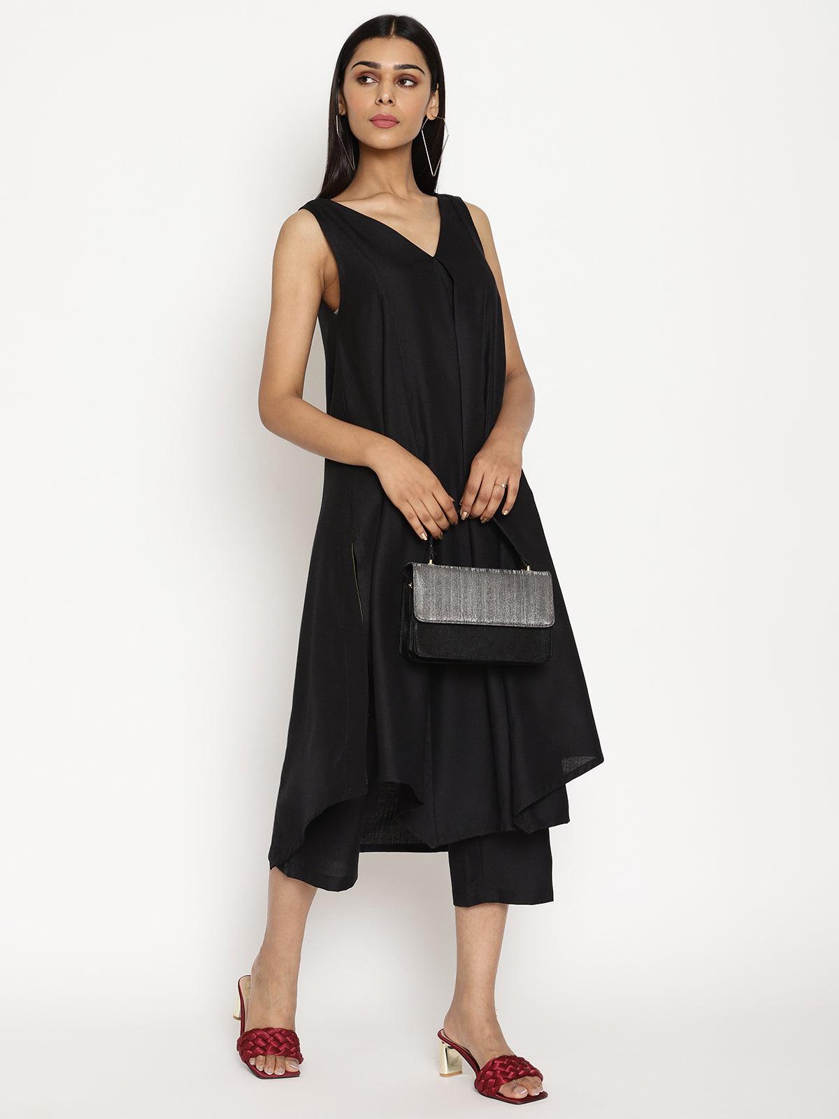 trueBrowns Cotton Linen Black Sleeveless Flared Kurta Pant | Relove