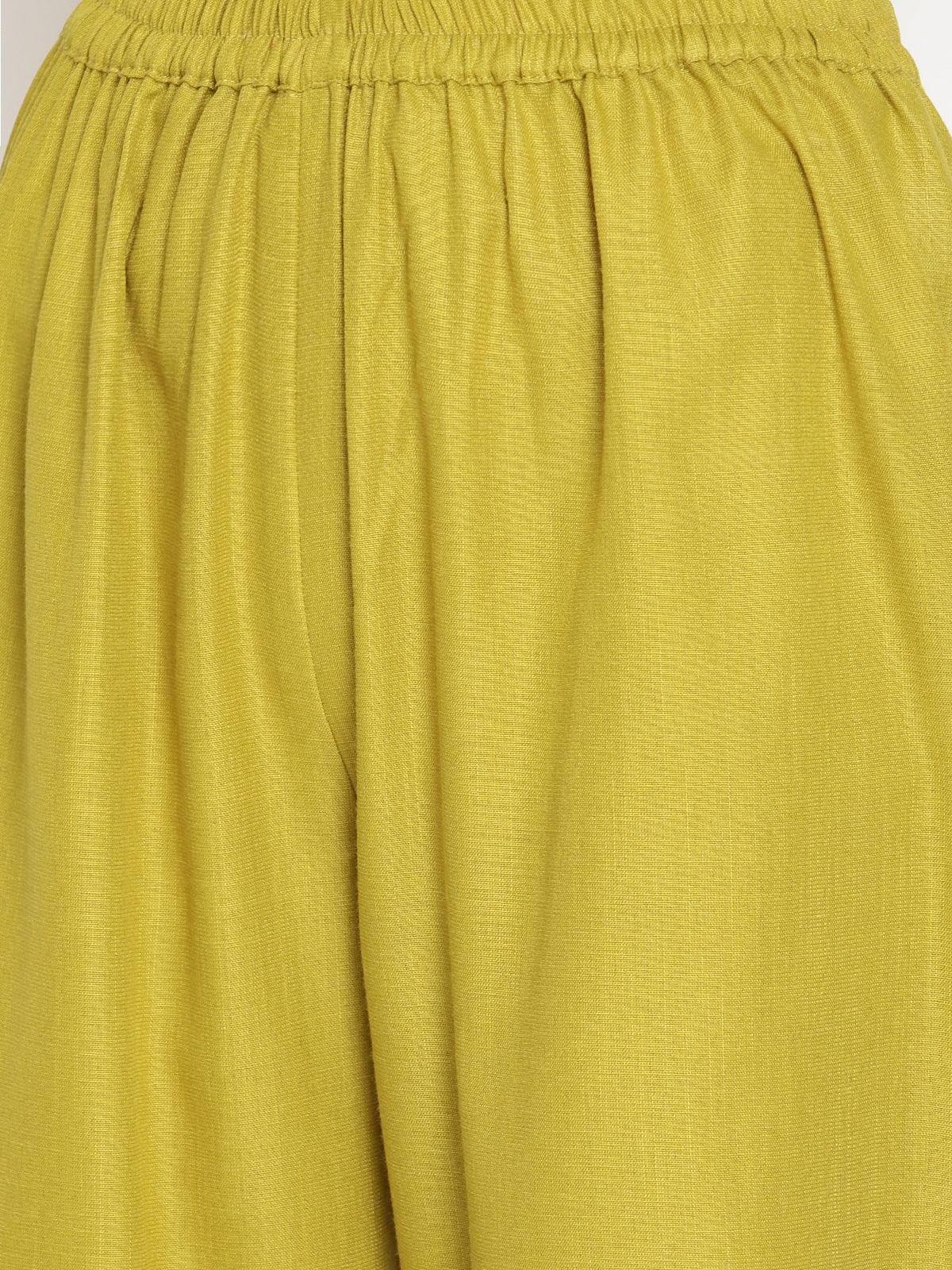 trueBrowns Cotton Linen Lime Green Sleeveless Flared Kurta Pant Set