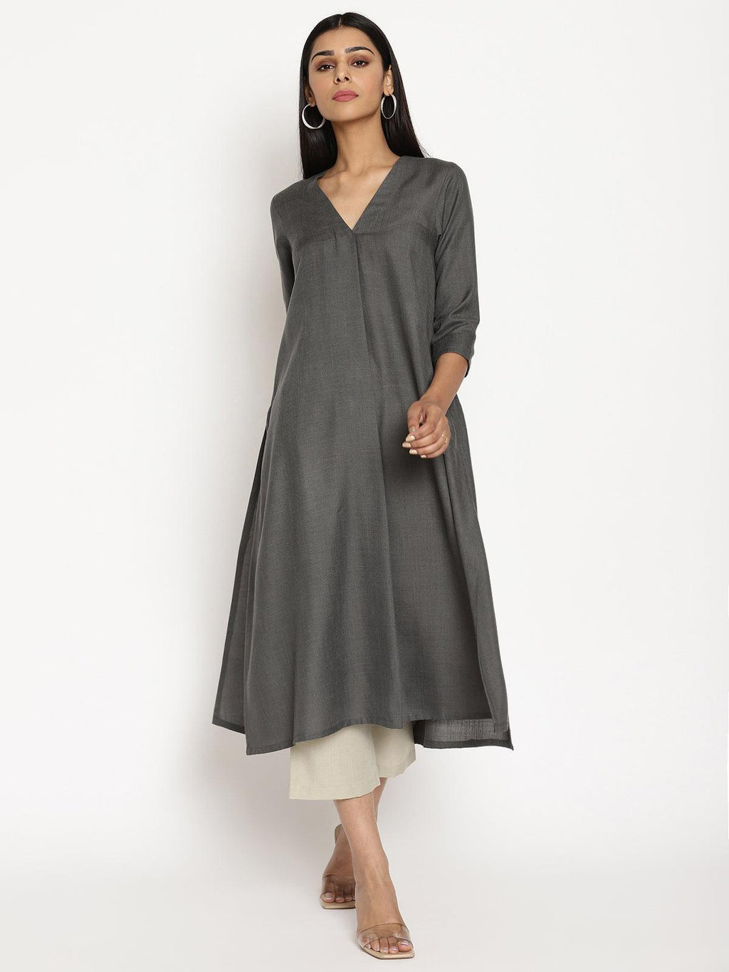 trueBrowns Cotton Linen Dark Grey Kurta Pant Set