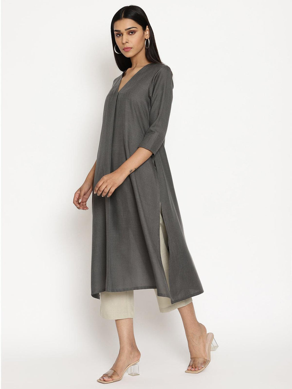 trueBrowns Cotton Linen Dark Grey Kurta Pant Set