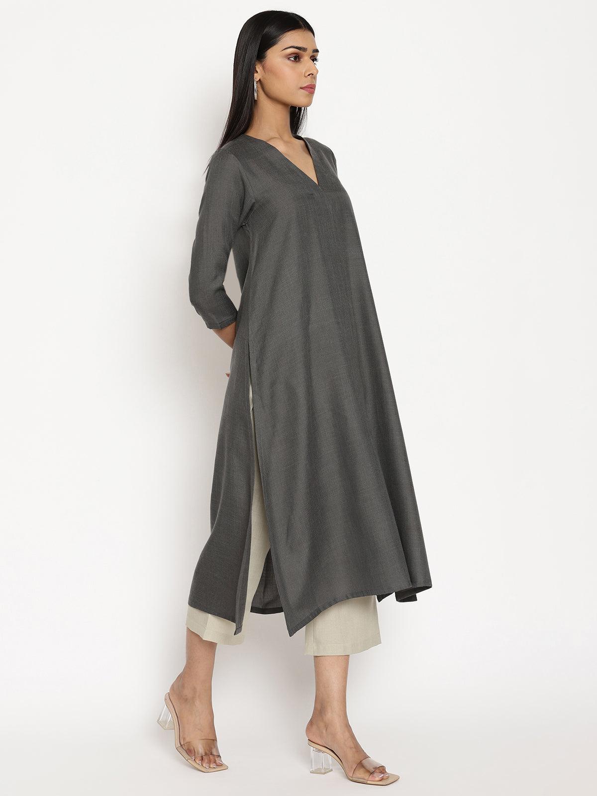 trueBrowns Cotton Linen Dark Grey Kurta Pant Set