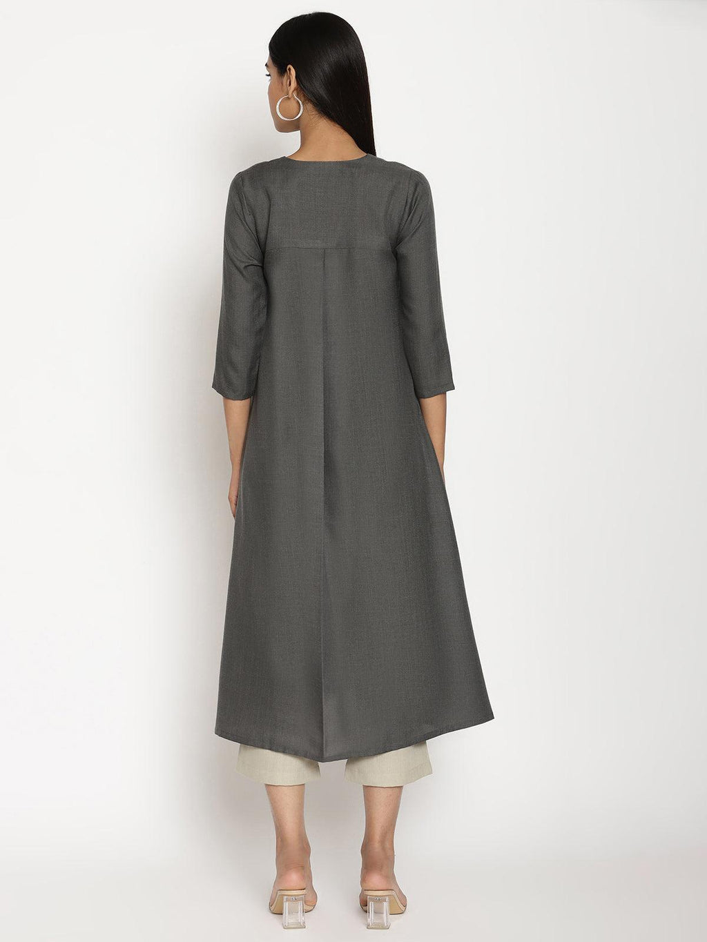 trueBrowns Cotton Linen Dark Grey Kurta Pant Set