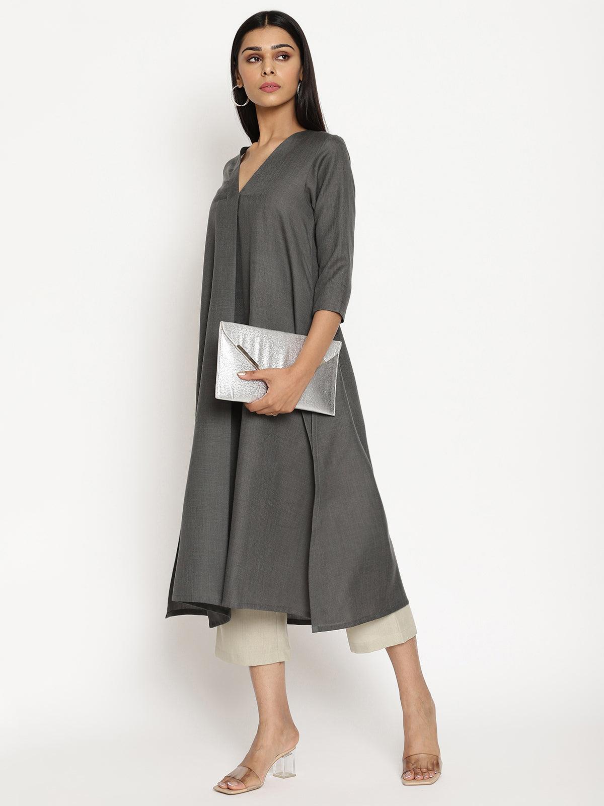 trueBrowns Cotton Linen Dark Grey Kurta Pant Set