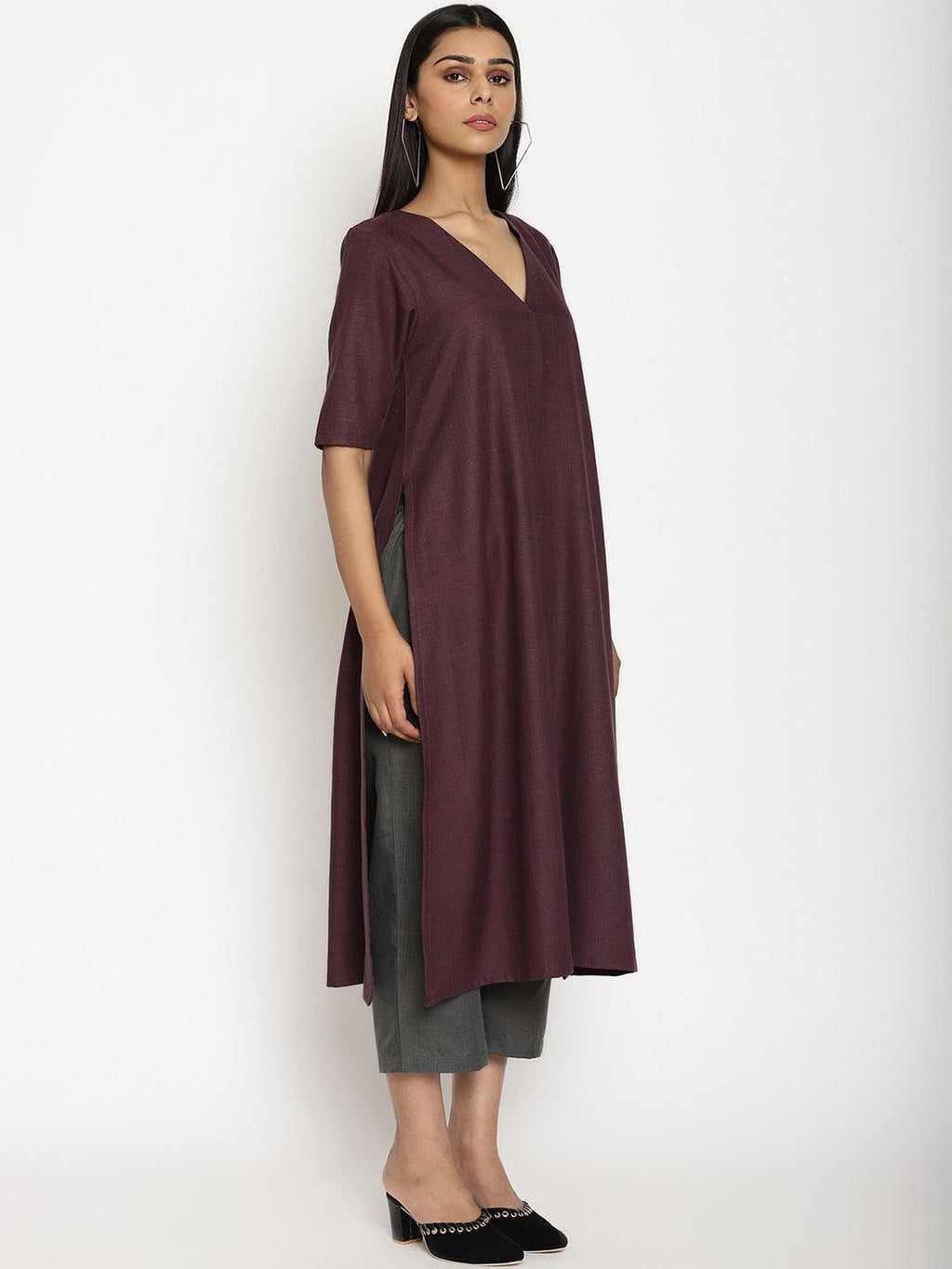 trueBrowns Cotton Linen Purple Kurta Pant Set