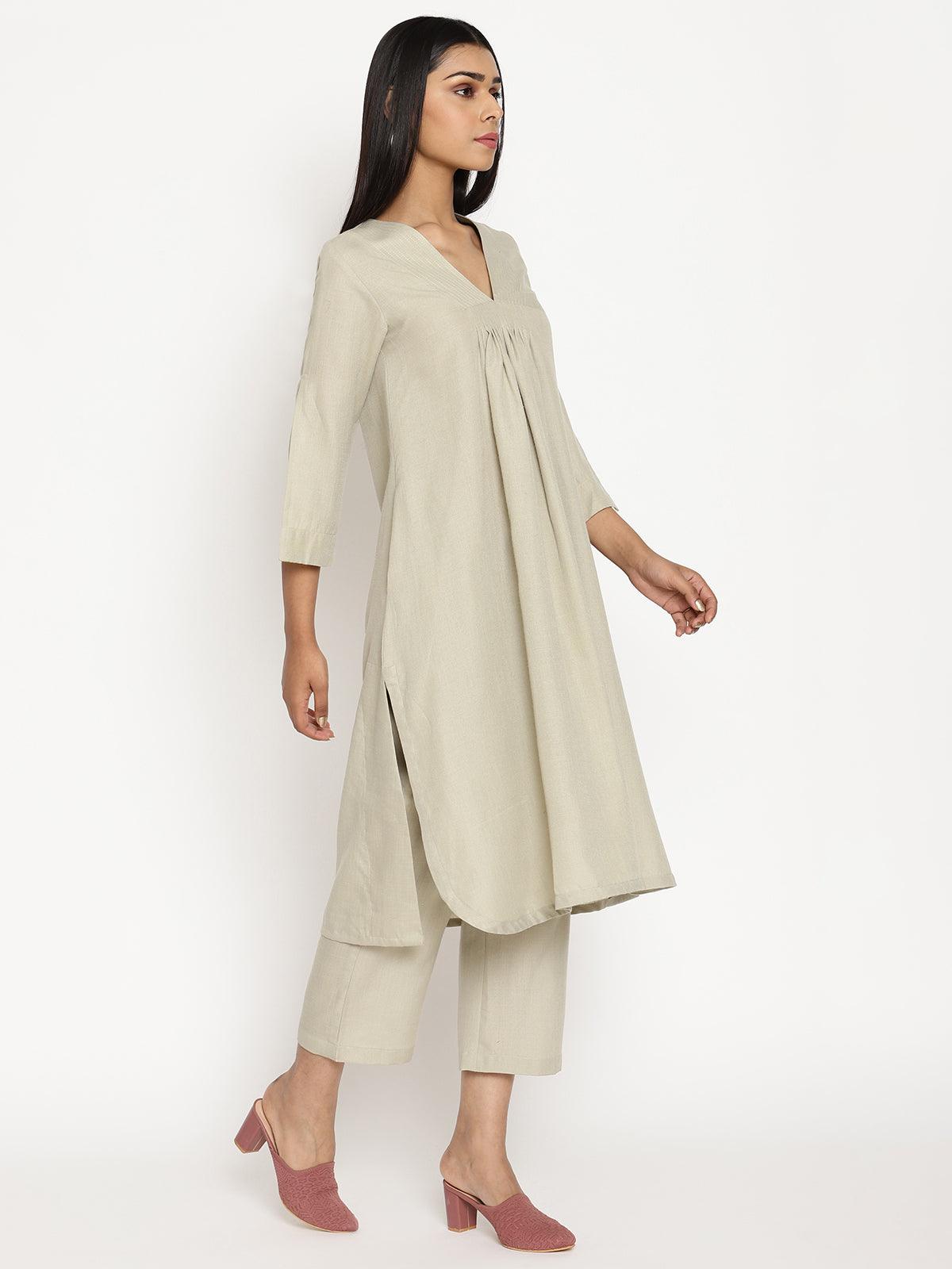 trueBrowns Cotton Linen Light Grey Flared Kurta Pant Set