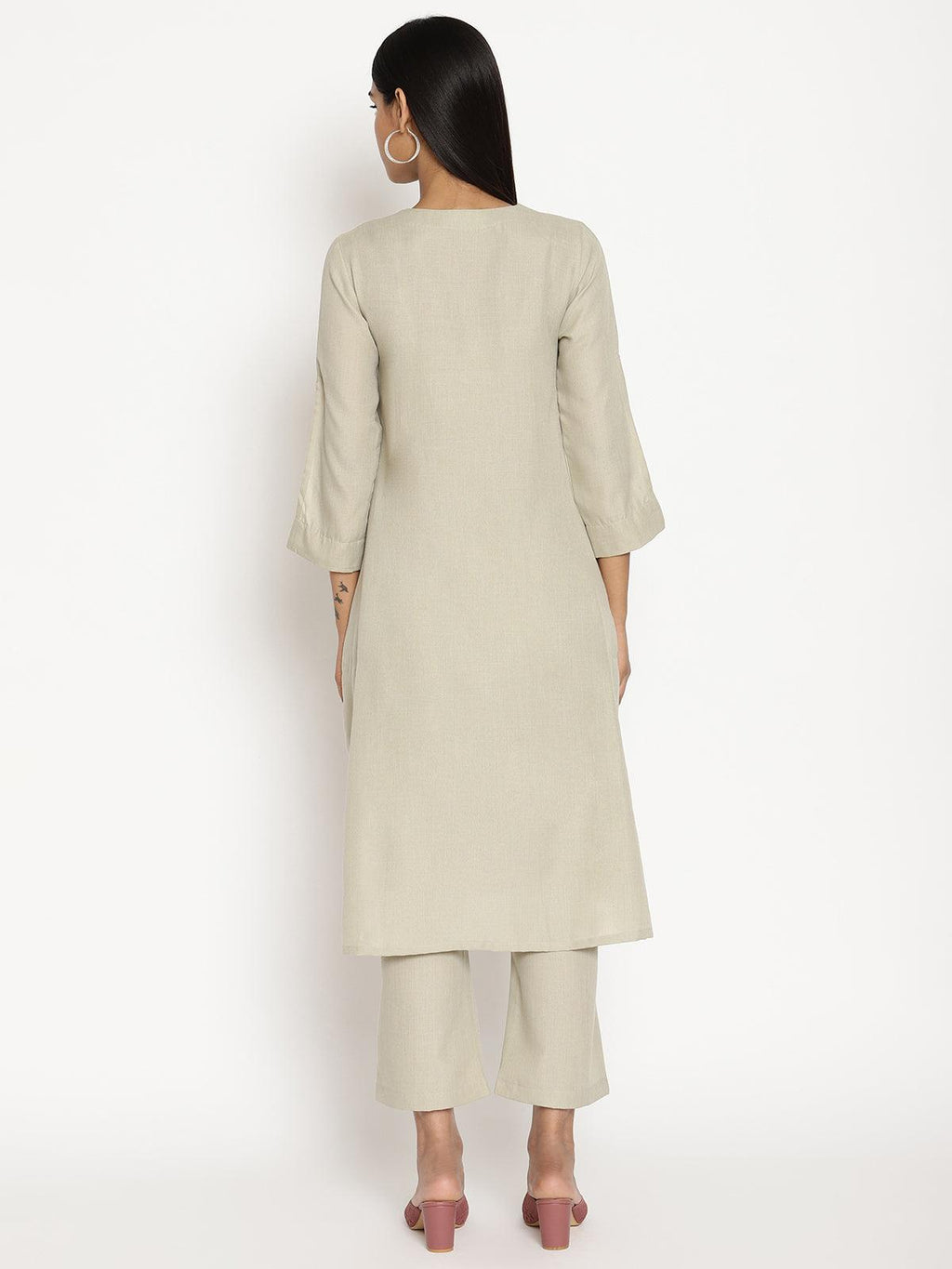 trueBrowns Cotton Linen Light Grey Flared Kurta Pant Set