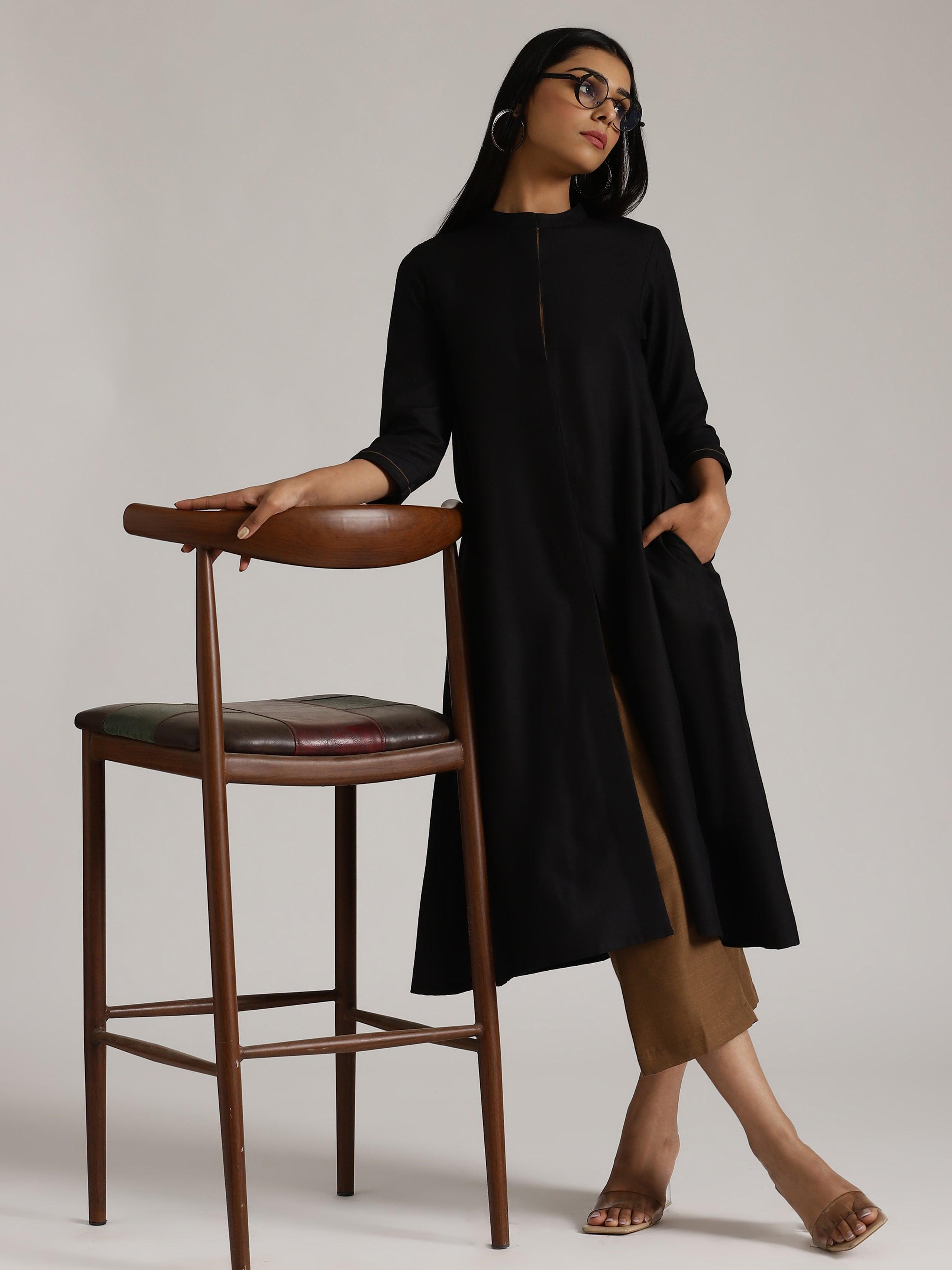 trueBrowns Cotton Linen Black Kurta Pant Set