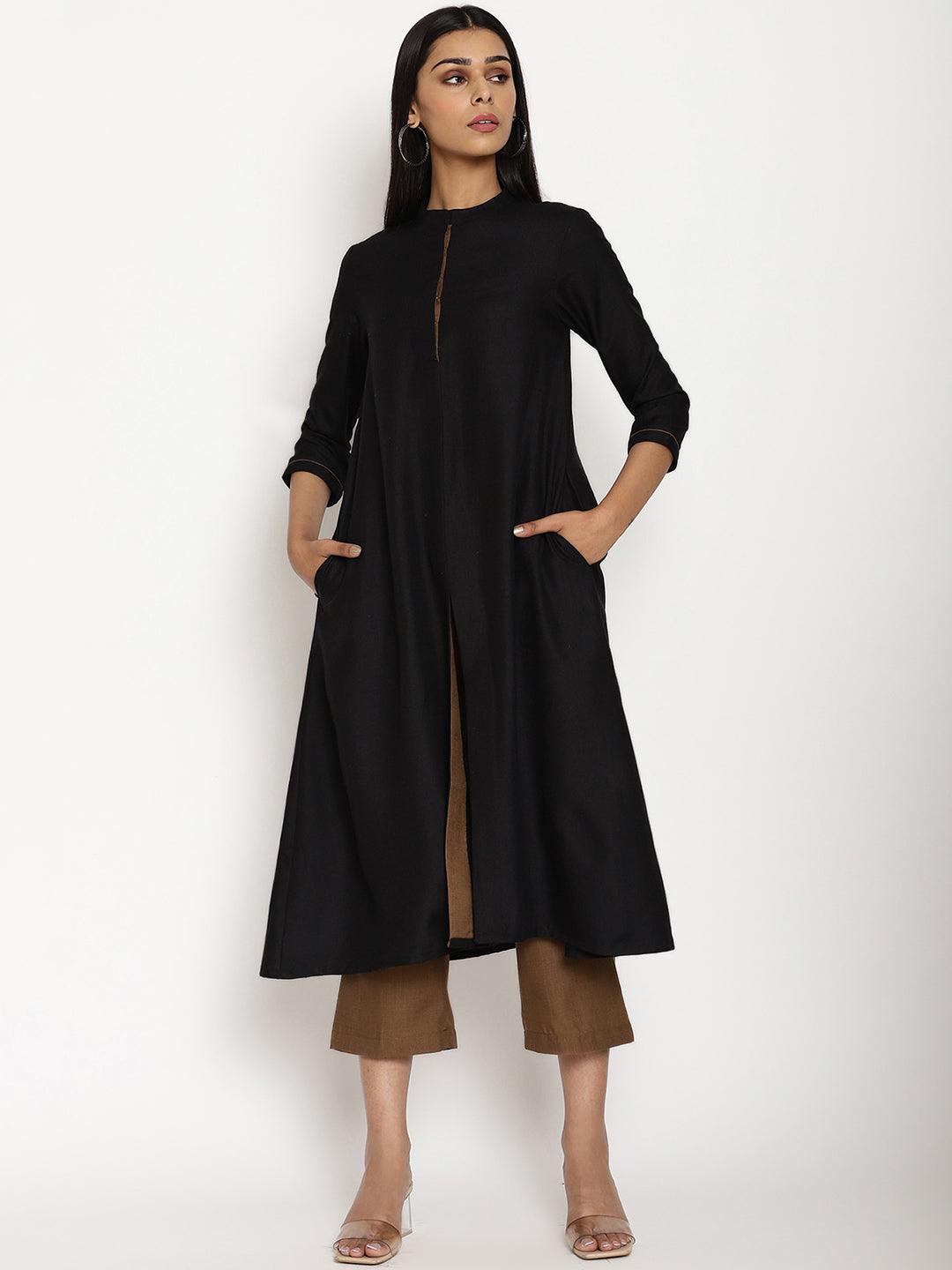 trueBrowns Cotton Linen Black Kurta Pant Set