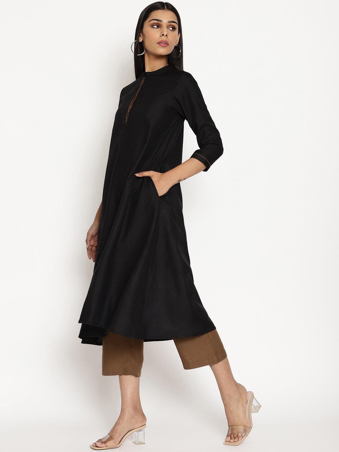 trueBrowns Cotton Linen Black Kurta Pant Set