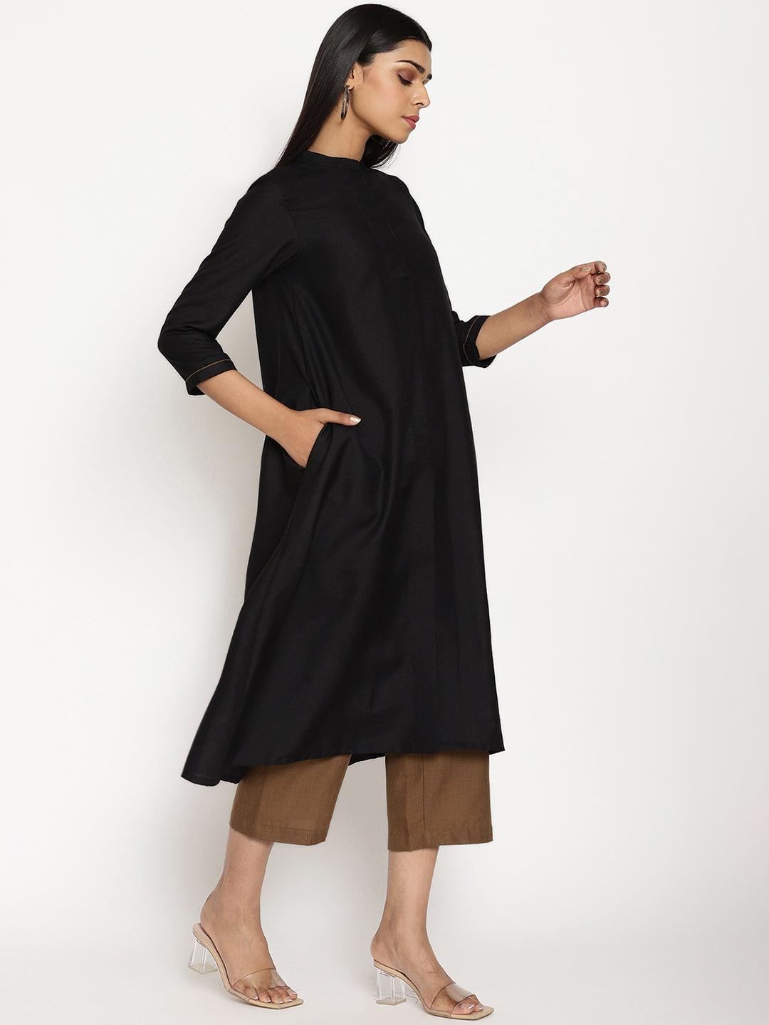 trueBrowns Cotton Linen Black Kurta Pant Set