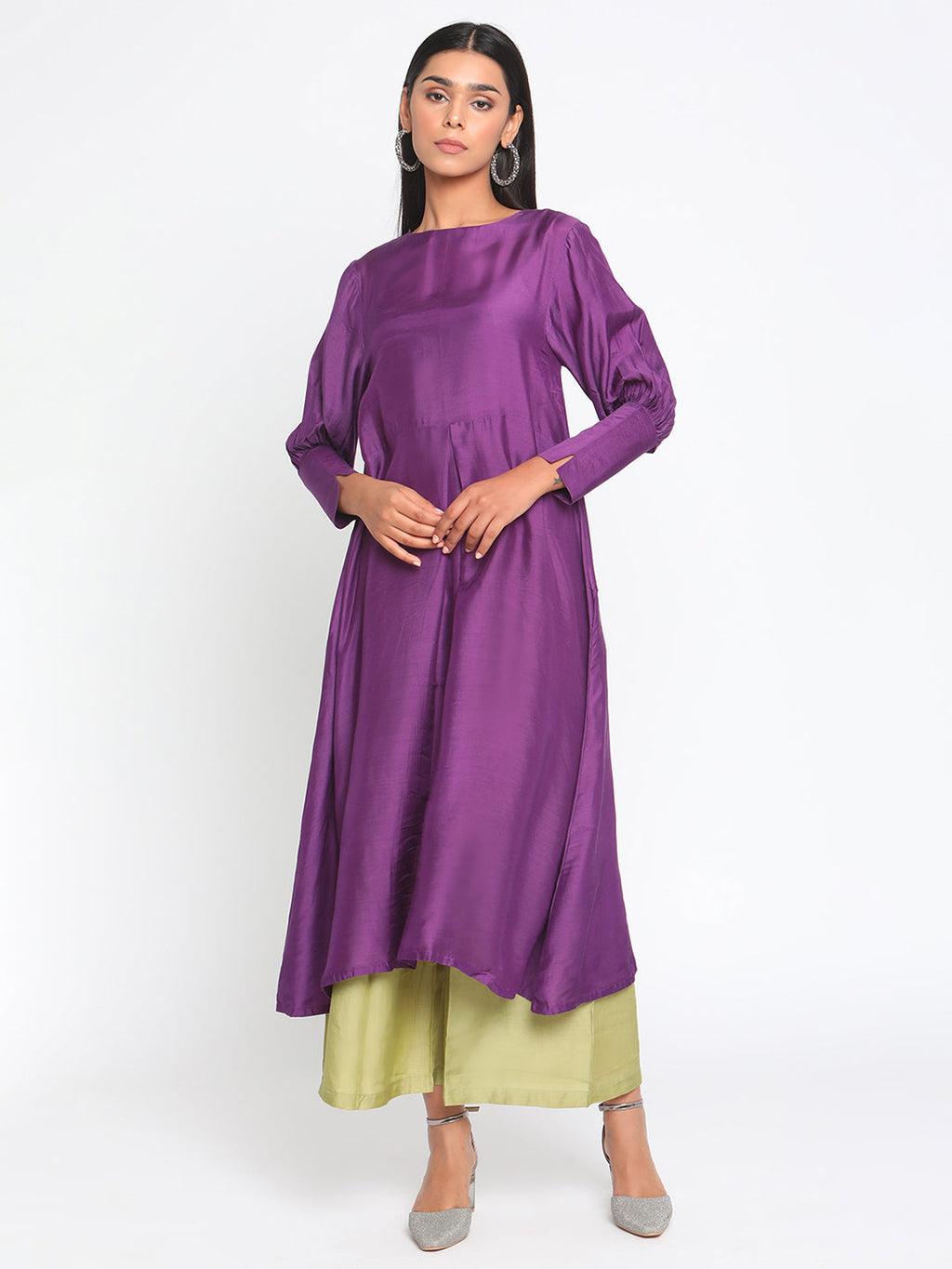 trueBrowns Silk Purple Gathered Sleeve Flared Kurta Palazzo Set