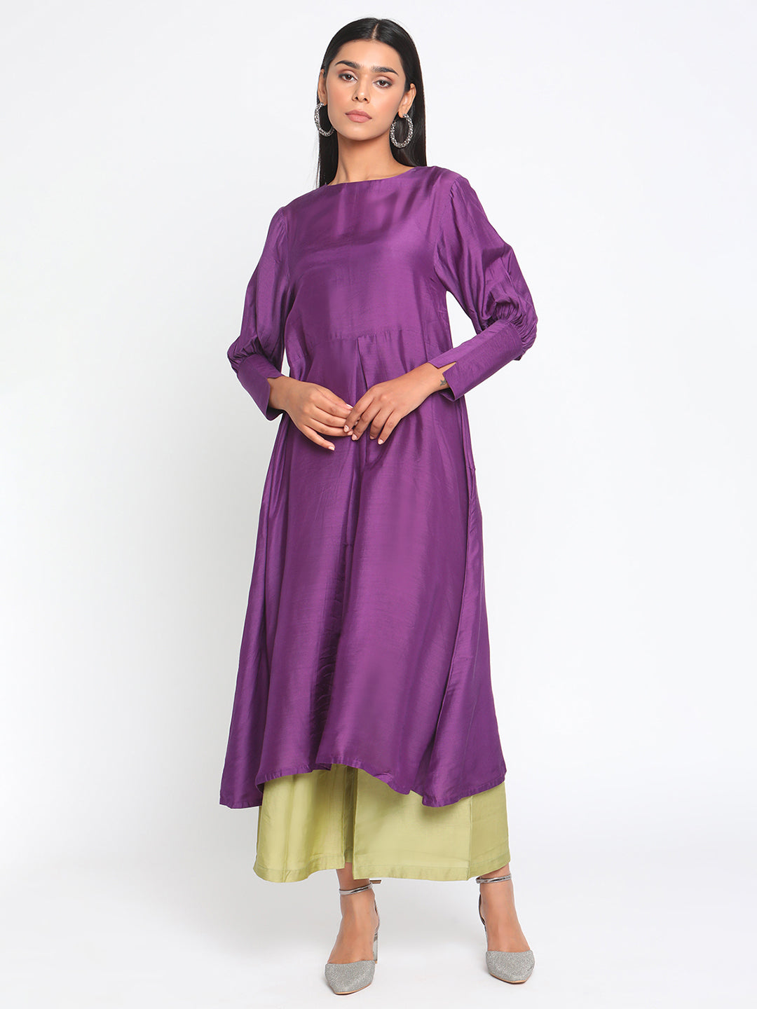 trueBrowns Silk Purple Gathered Sleeve Flared Kurta Palazzo Set