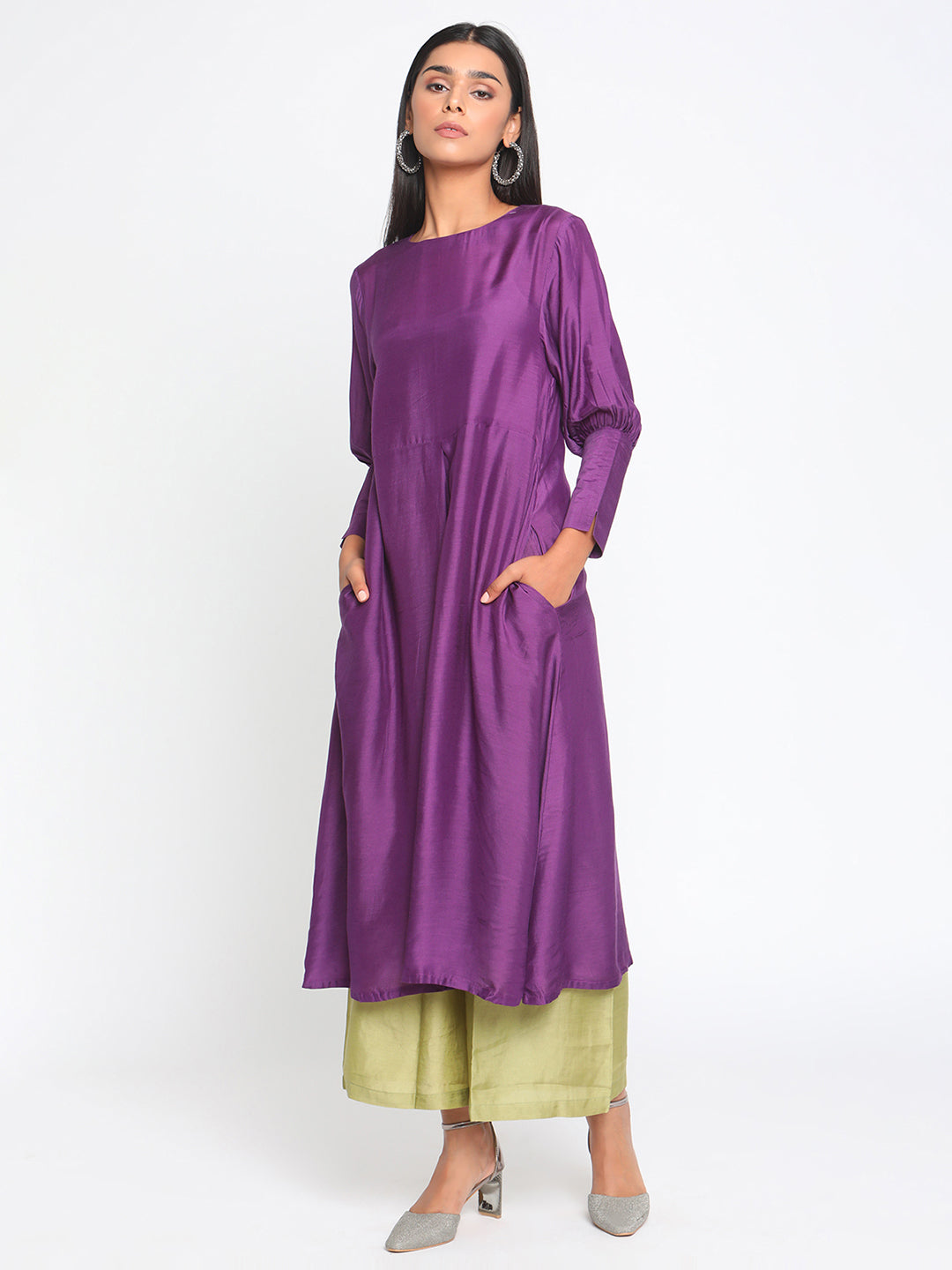 trueBrowns Silk Purple Gathered Sleeve Flared Kurta Palazzo Set