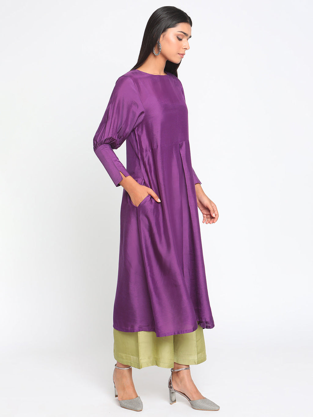 trueBrowns Silk Purple Gathered Sleeve Flared Kurta Palazzo Set