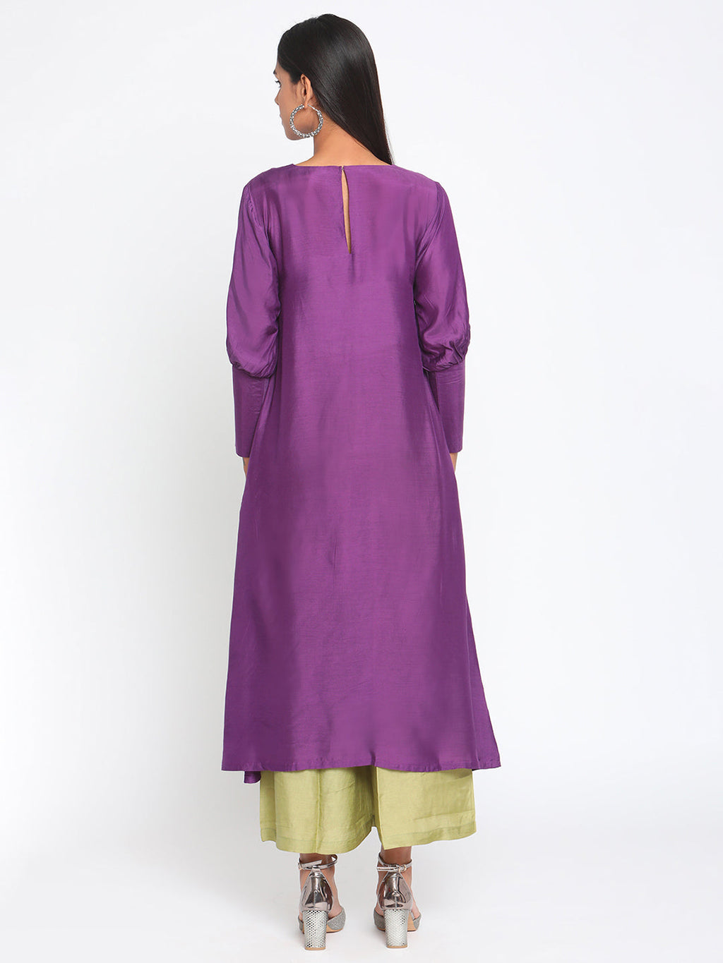trueBrowns Silk Purple Gathered Sleeve Flared Kurta Palazzo Set