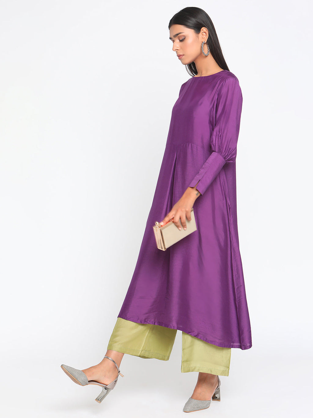 trueBrowns Silk Purple Gathered Sleeve Flared Kurta Palazzo Set