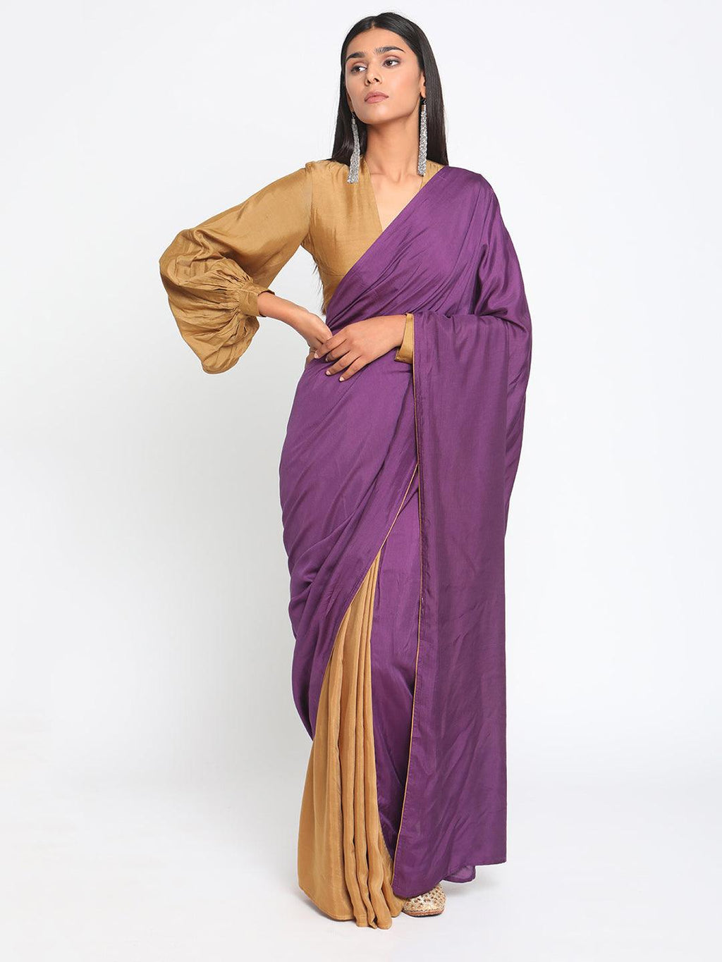 trueBrowns Silk Purple Gathered Sleeve Blouse