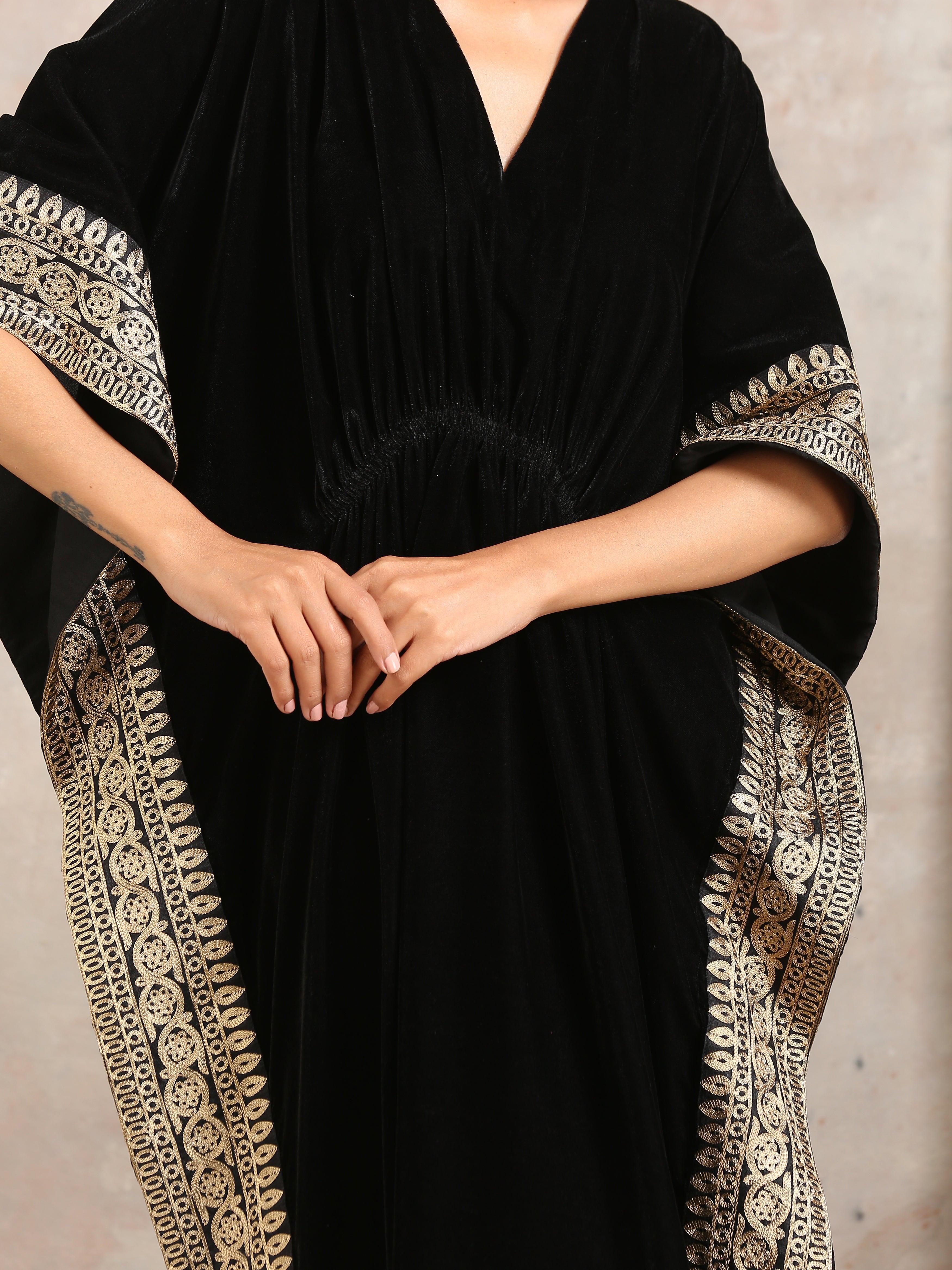 trueBrowns Black Velvet Embroidered Lace Kaftan
