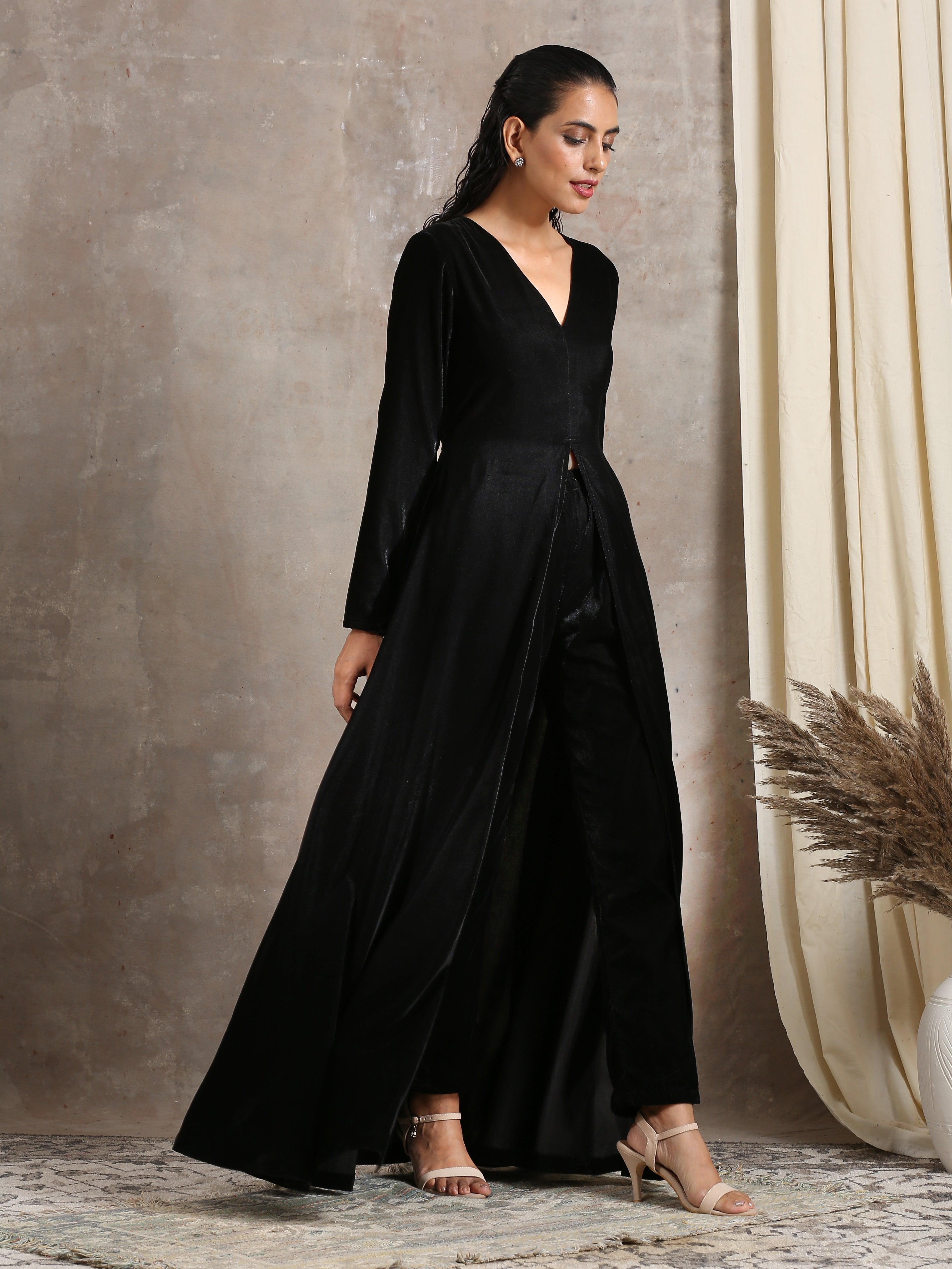 trueBrowns Black Velvet Front Slit Kurta