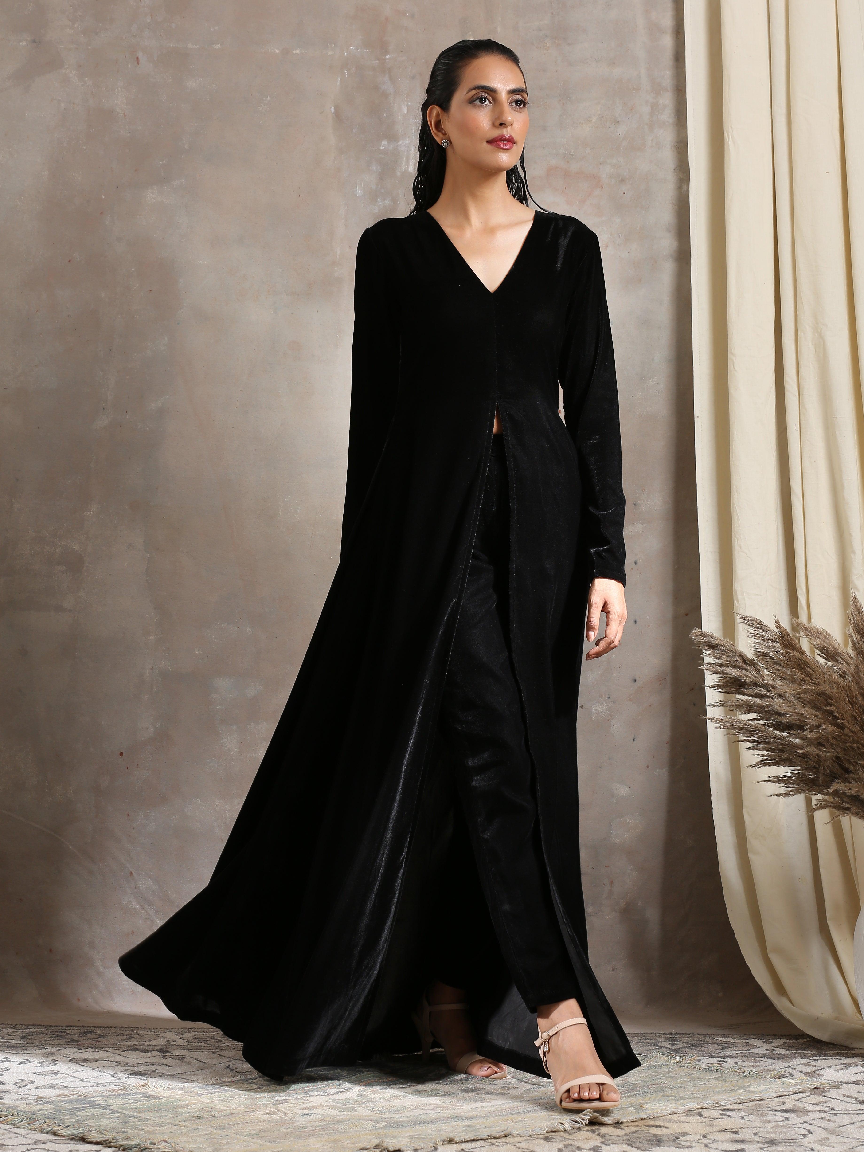 trueBrowns Black Velvet Front Slit Kurta
