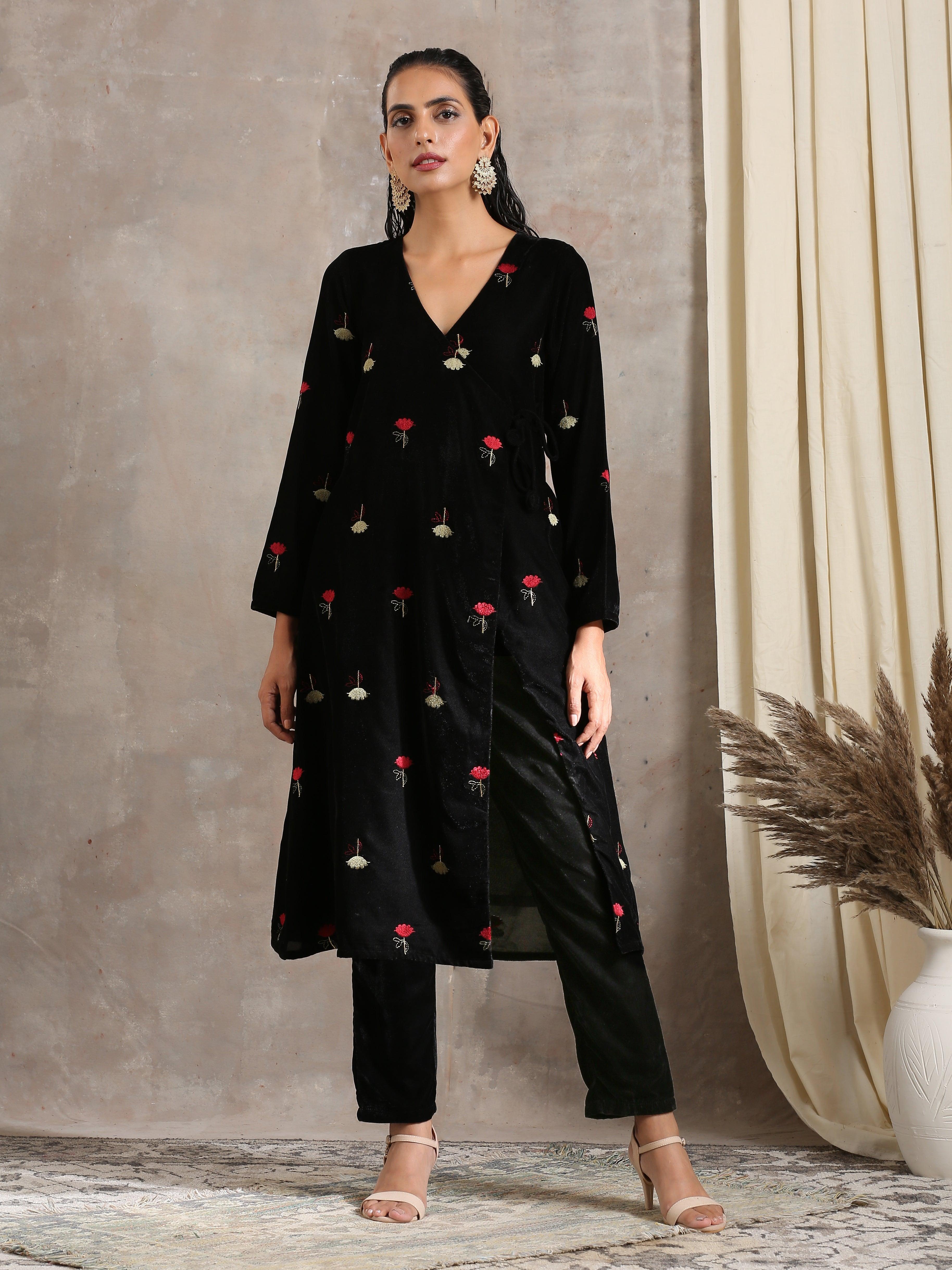 trueBrowns Black Velvet Embroidered Angrakha