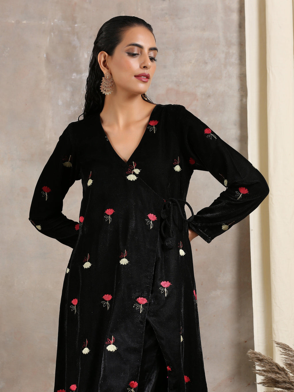 trueBrowns Black Velvet Embroidered Angrakha