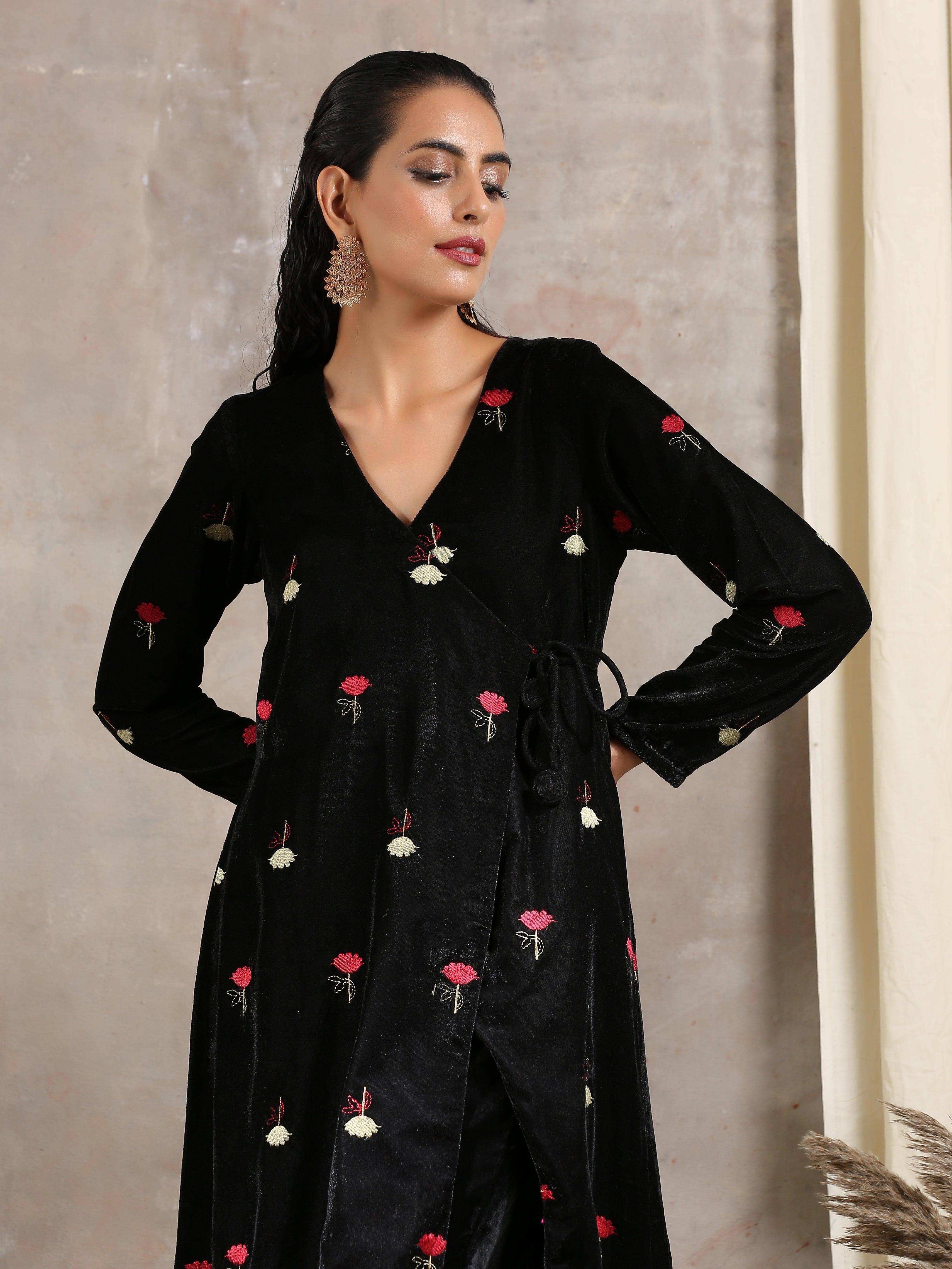 trueBrowns Black Velvet Embroidered Angrakha