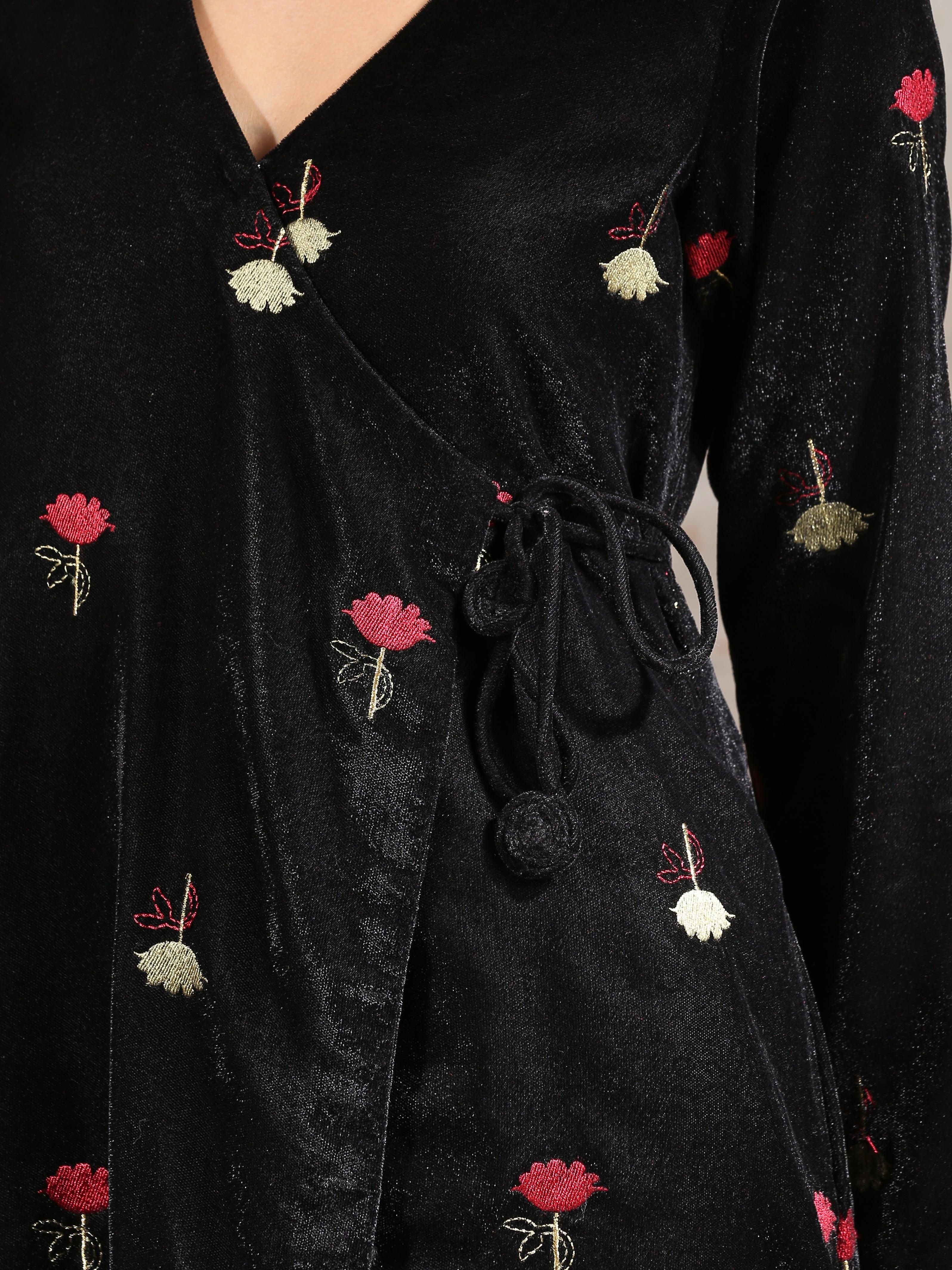 trueBrowns Black Velvet Embroidered Angrakha