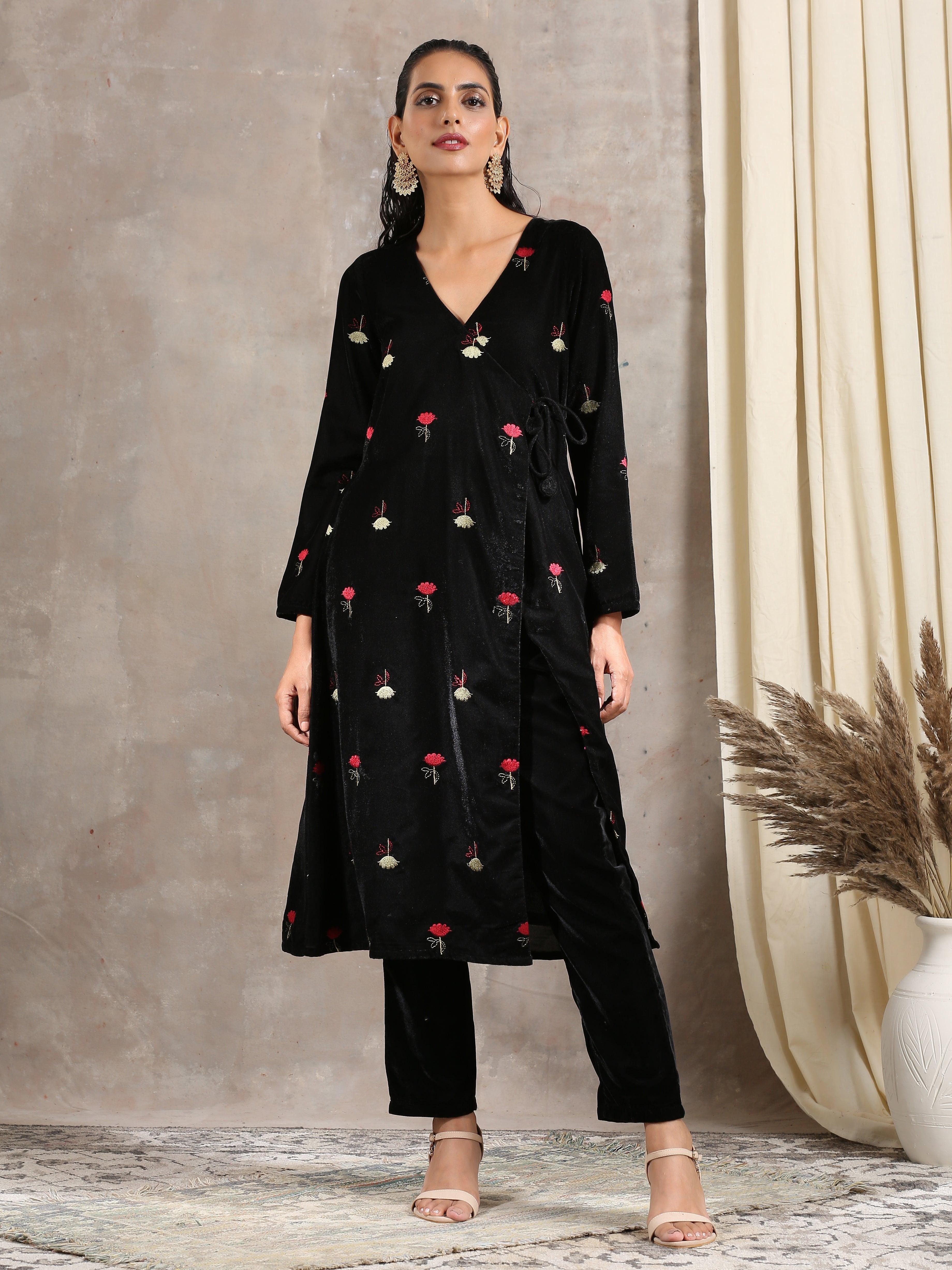 trueBrowns Black Velvet Embroidered Angrakha
