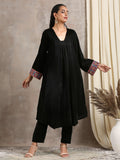 trueBrowns Black Velvet Embroidered Lace Kurta