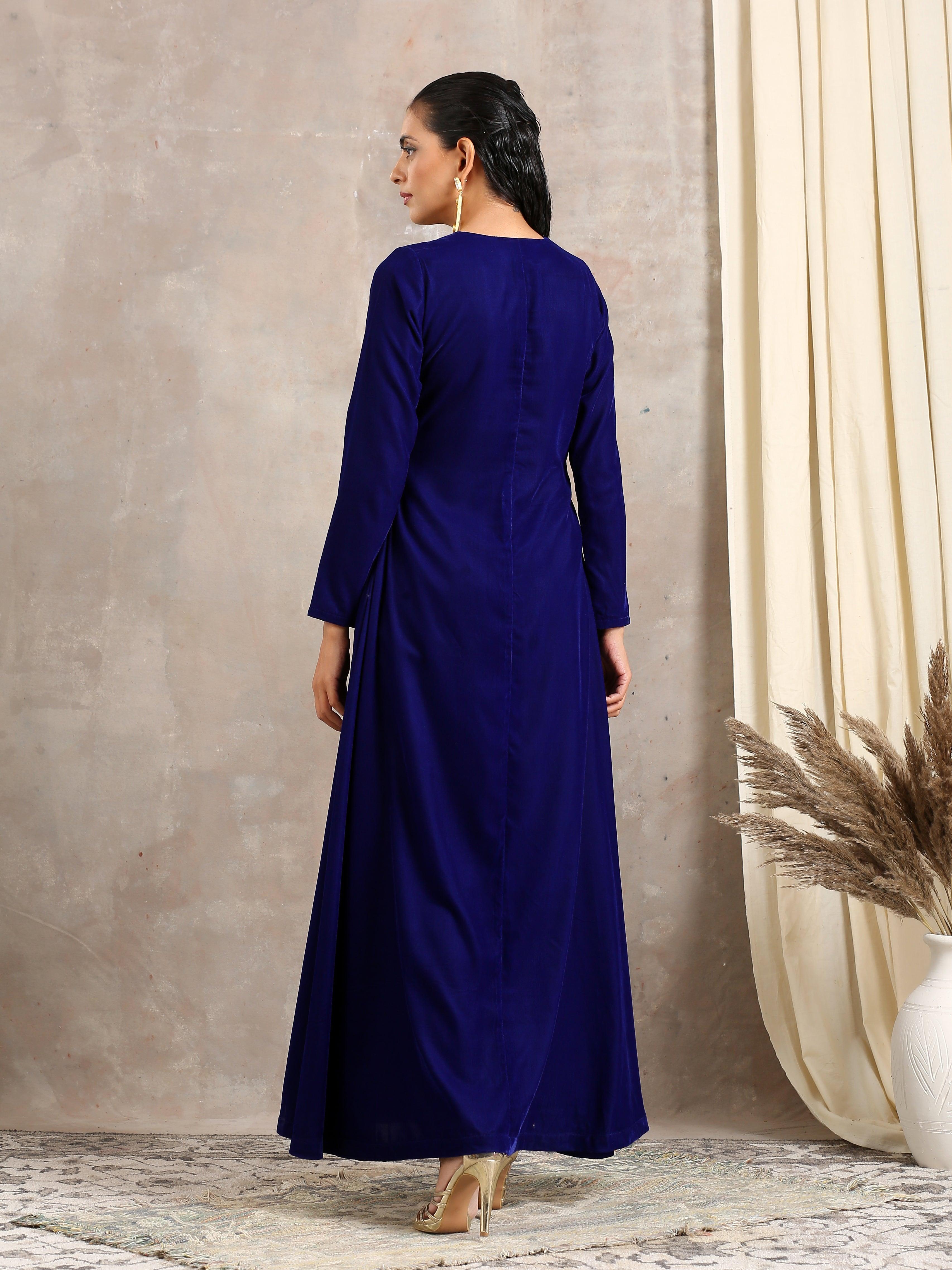 trueBrowns Blue Velvet Front Slit Kurta