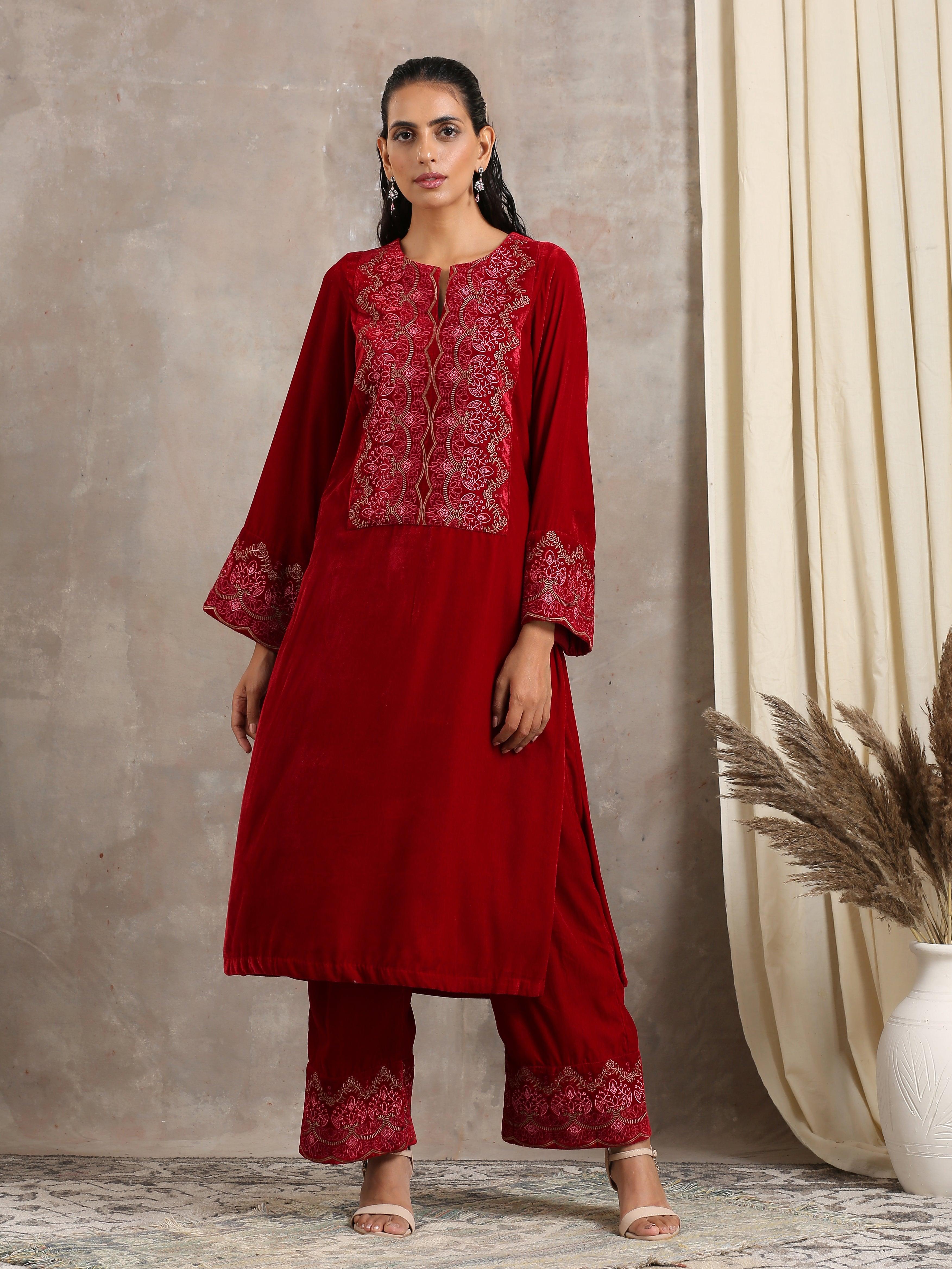 trueBrowns Red Velvet Embroidered Slit Kurta