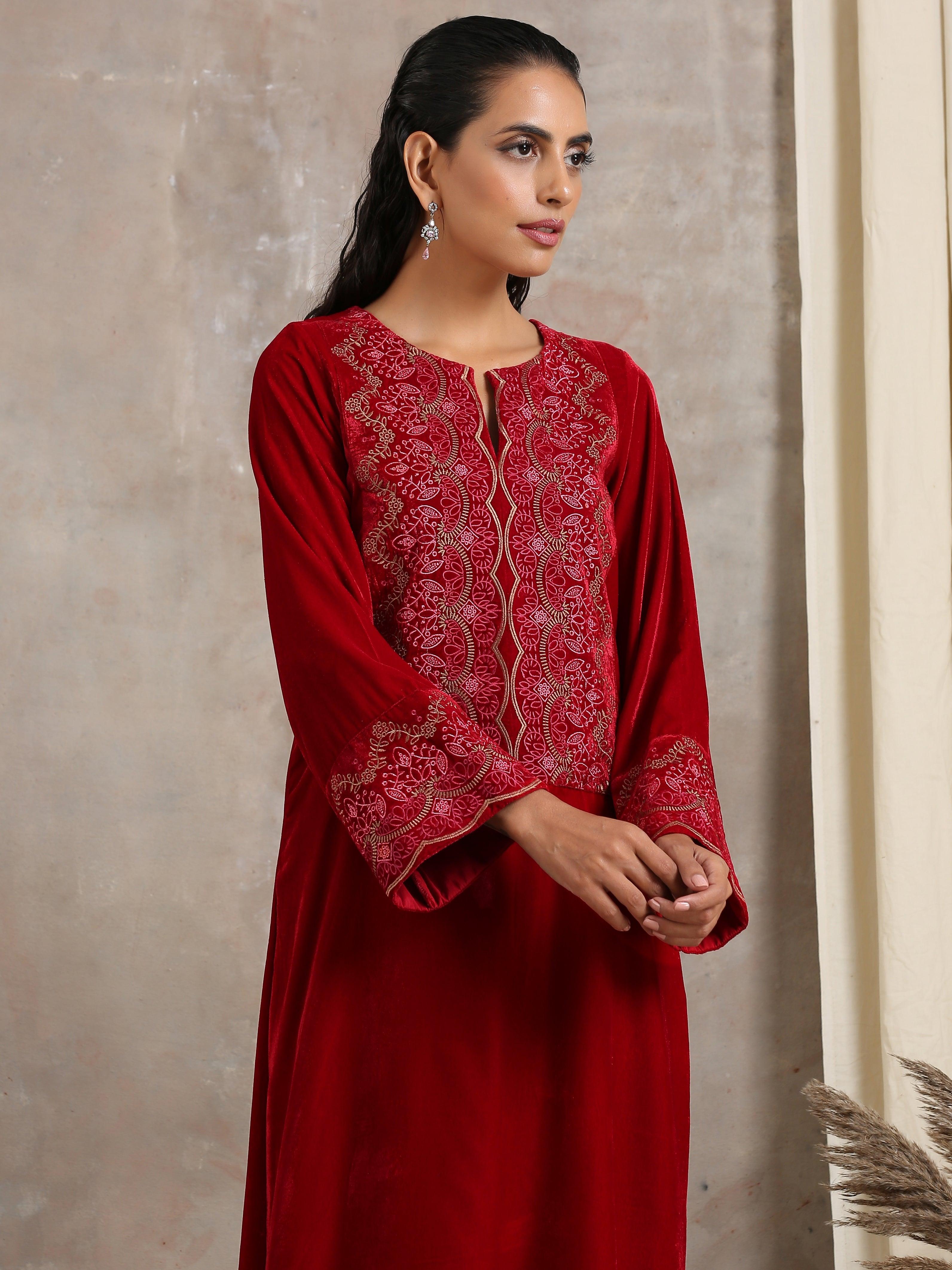 trueBrowns Red Velvet Embroidered Slit Kurta