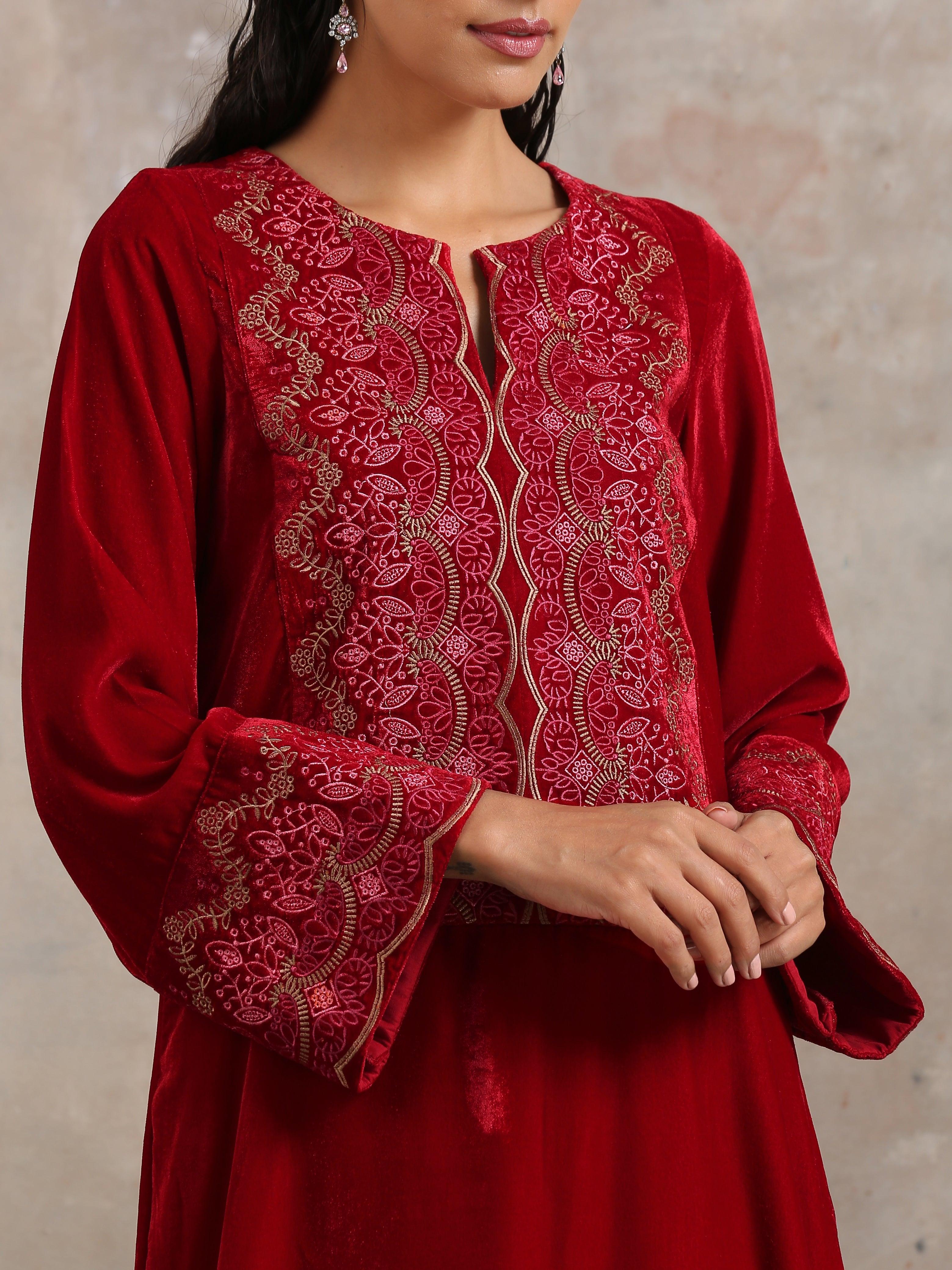 trueBrowns Red Velvet Embroidered Slit Kurta